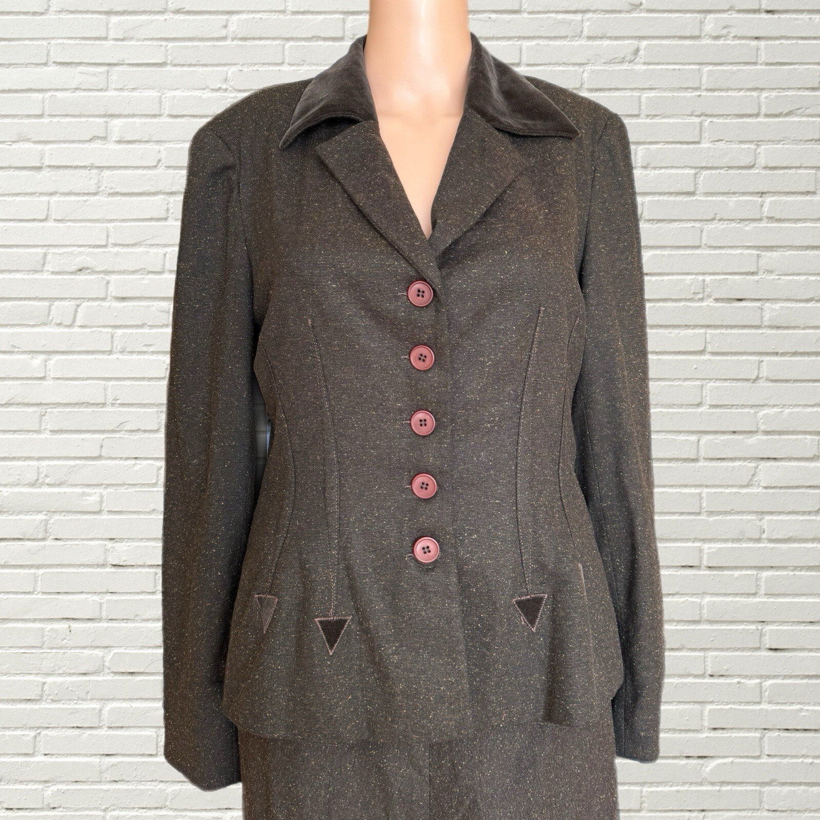 Vintage 90s Does 40s Two Piece Set Brown Wool Tailored Blazer And Skirt
