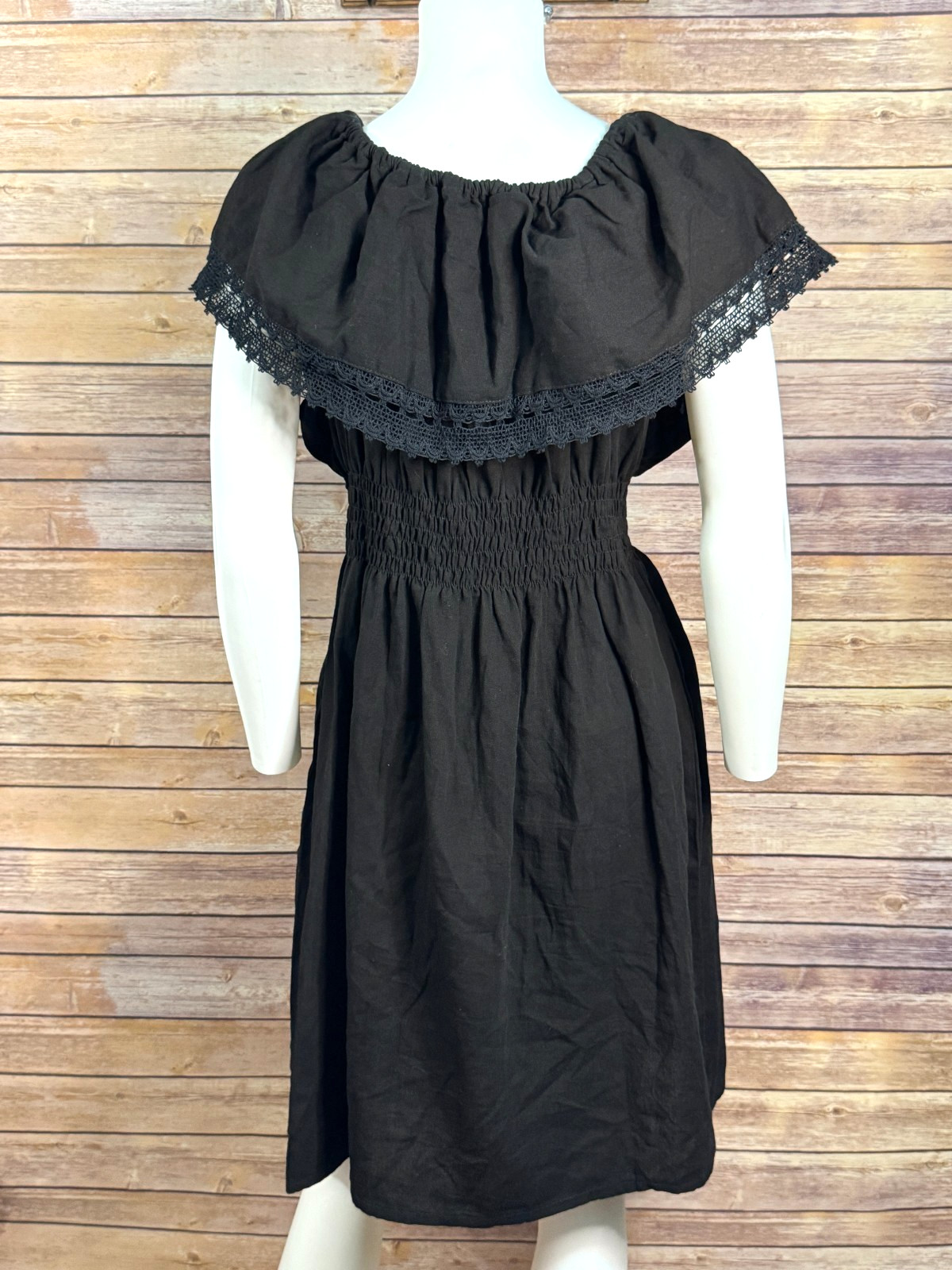 VTG 80s Hand Embroider Mexican Boho Peasant Dress Black Floral Off Shoulder L/XL