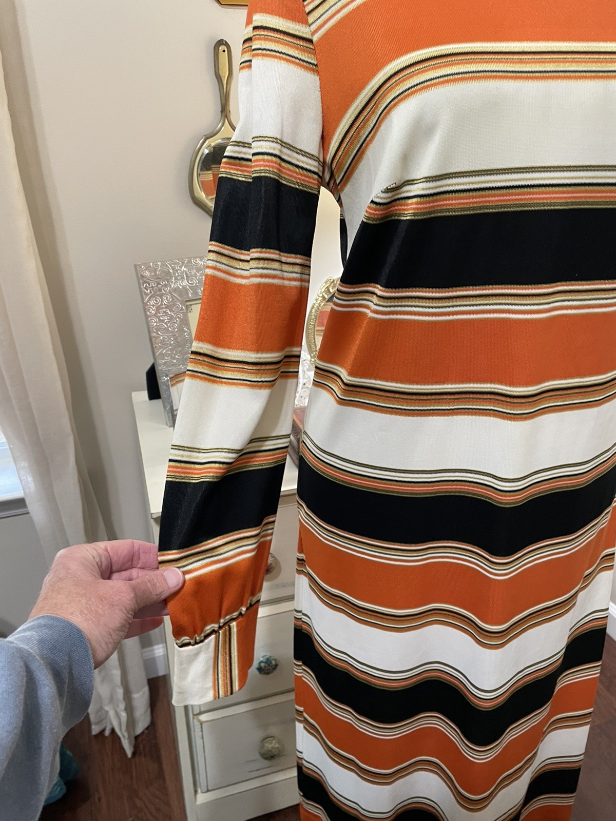 Hand Sewn Vtg 70s Midi Dress Orange Brown Yellow Sm/6 Long Sleeve Back Zipper **