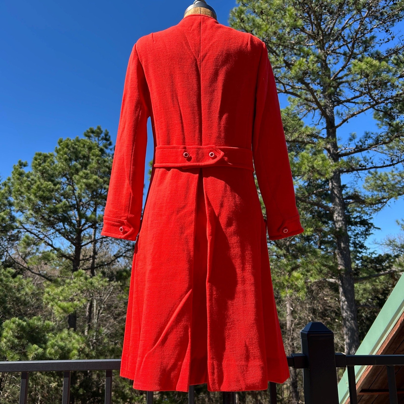 Vintage 60s Orange Wool Knit Pleated Belted Back Mod Midi Coat Dress + Pockets