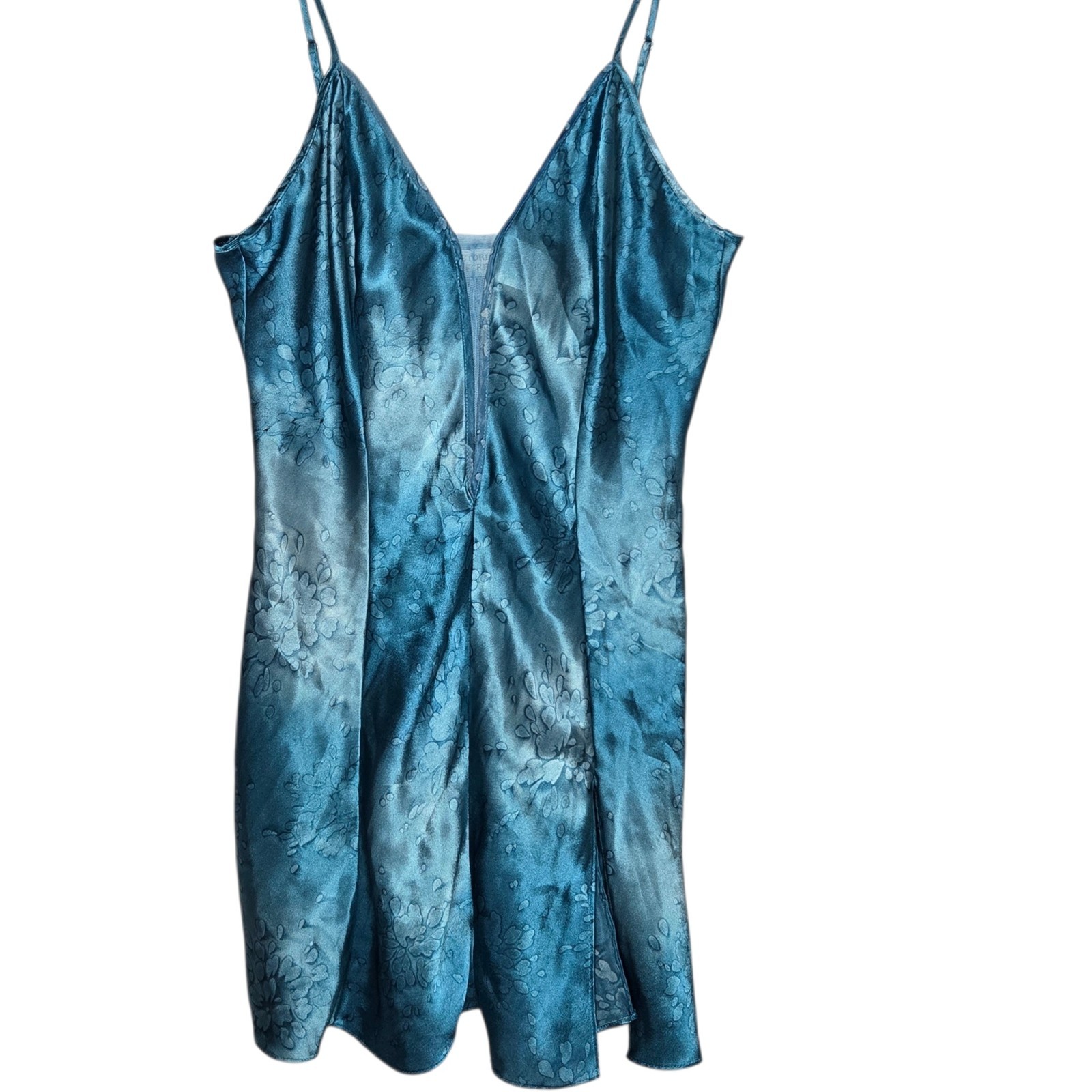 Vtg Victoria’s Secret Gold Label Teal Blue Satin Floral Slip Dress Medium Mesh