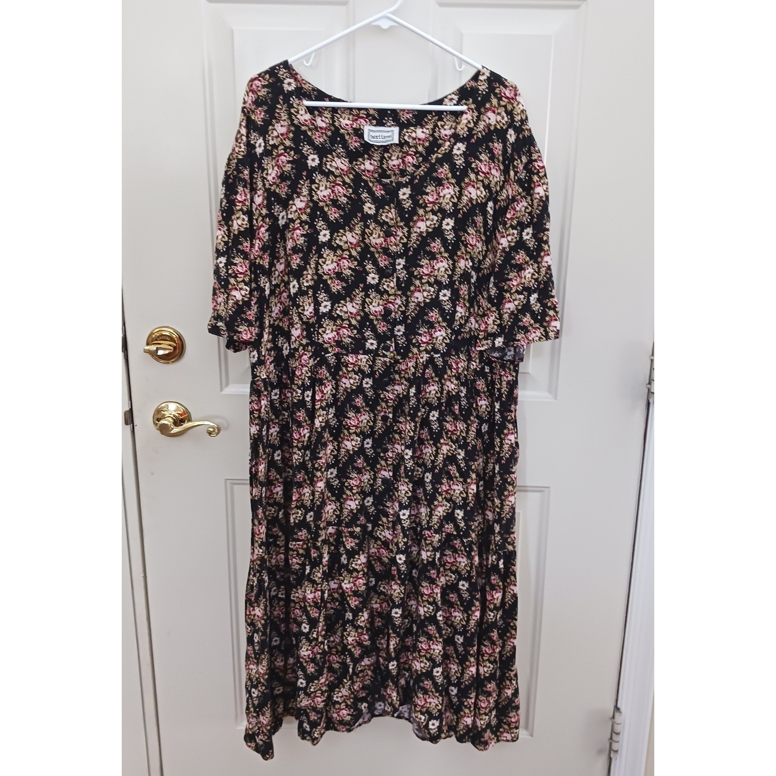 Next Time Vintage 90s Floral Midi Dress Womens 2X Black Pink Rose Cottagecore