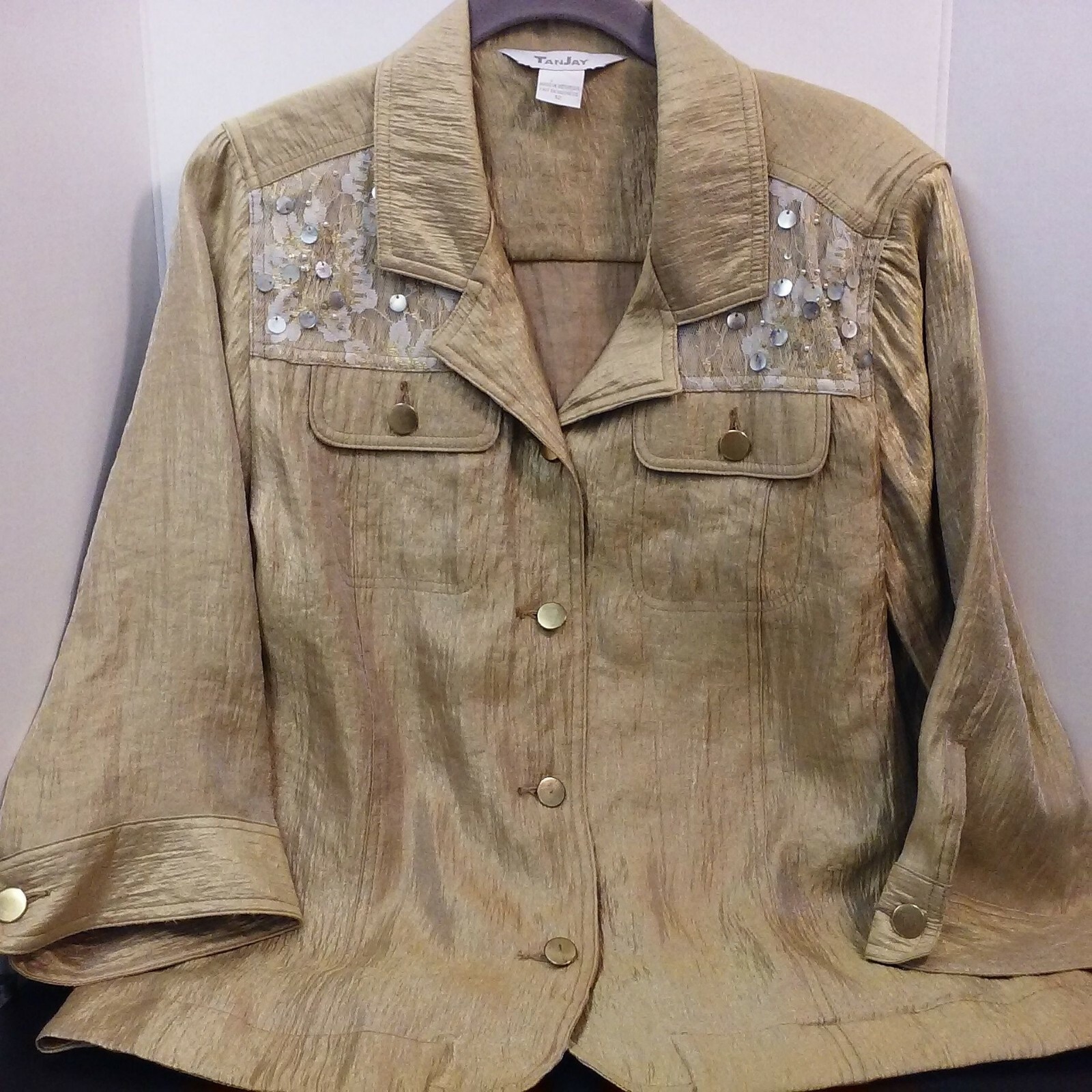 Vintage 80s-90s TanJay Metallic Jacket -L Novelty Lace Beads Dangle Sequin Gold