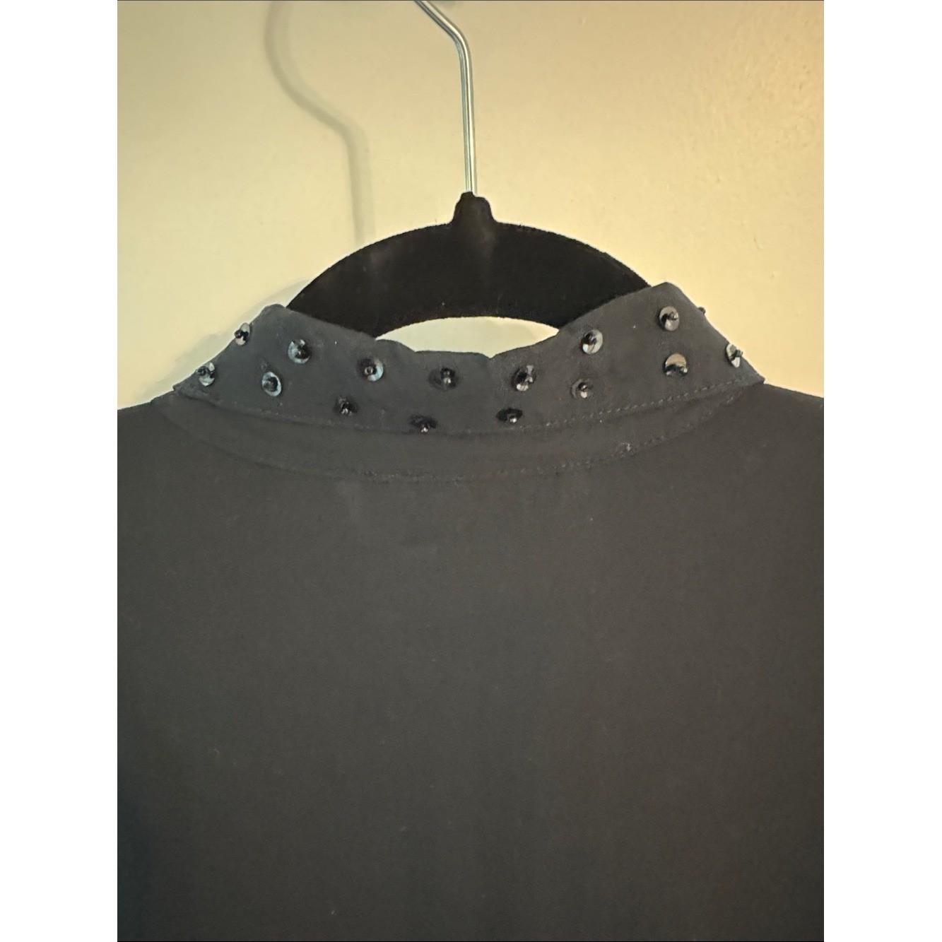 VINTAGE Patricia Hermann NYC Black Button-Down Shirt with Beaded Fringe Collar