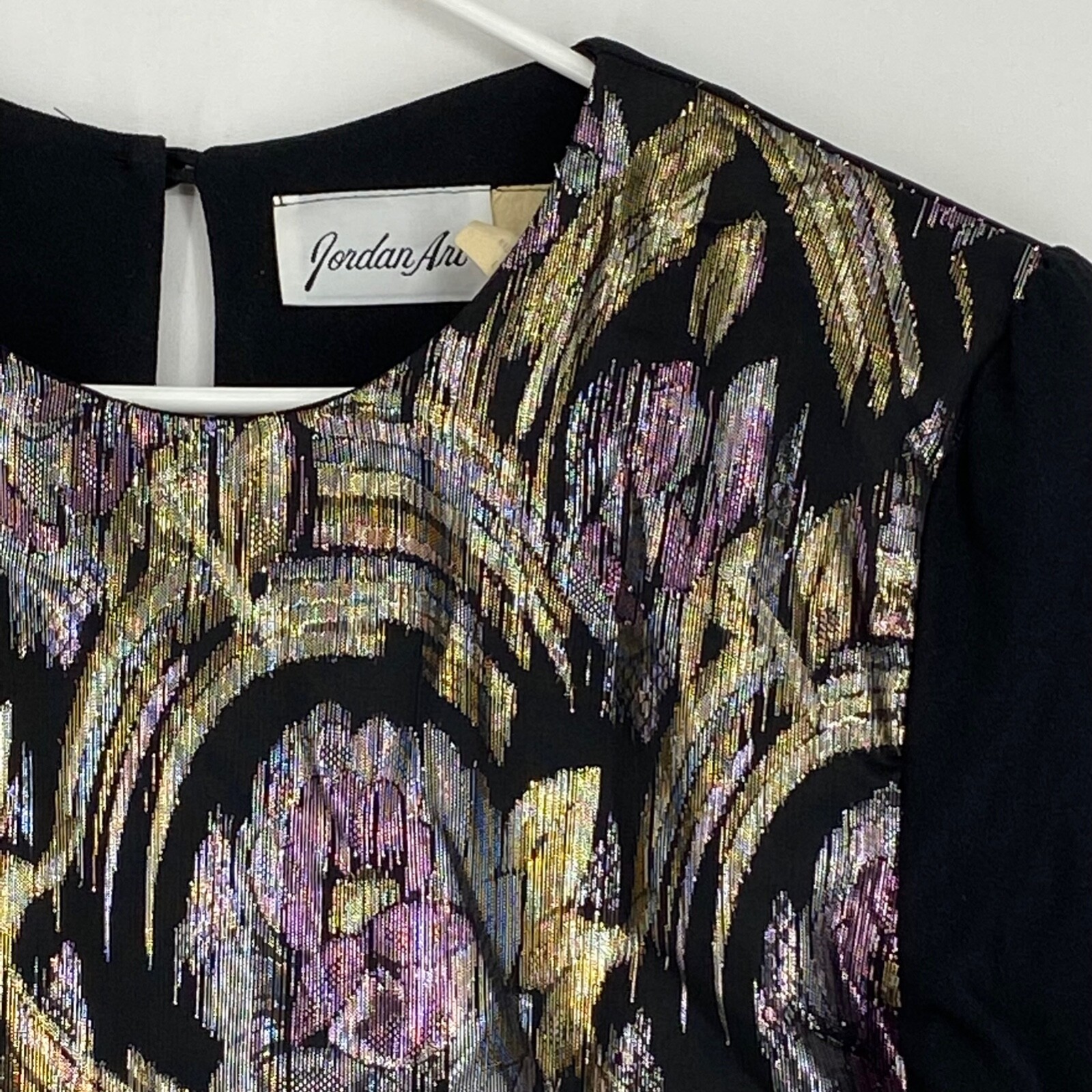 Jordan Ari Womens Vintage Large Pullover Blouse Black Purple Metallic Floral USA