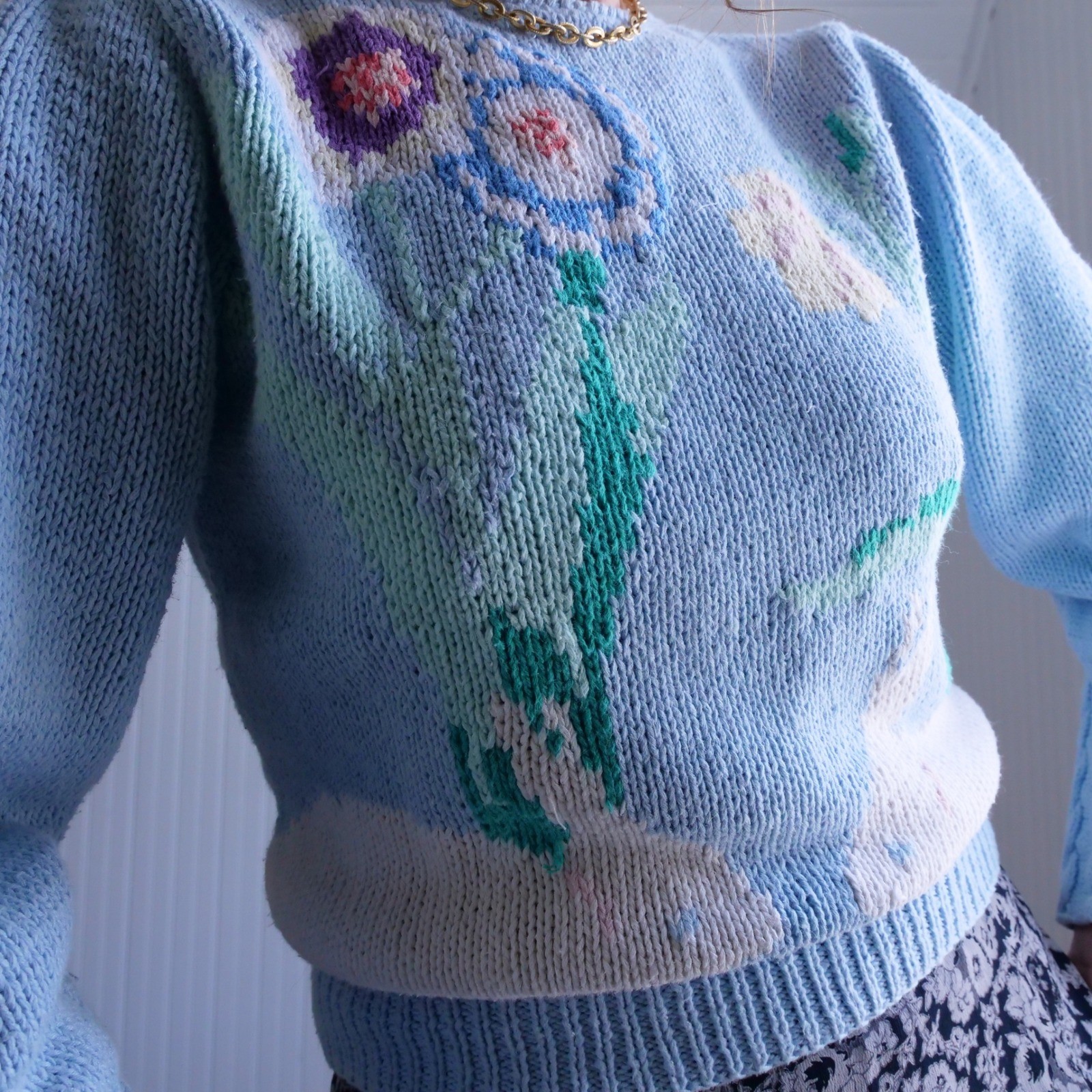 Vintage 1990s Eagle’s Eye adorable pastel bunny cotton/ramie handknit sweater