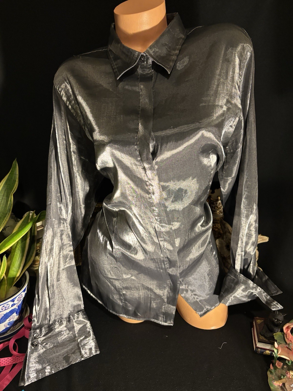Vtg Satin Secretary Office Button Up Notch Silver Office Blouse L XL 44″