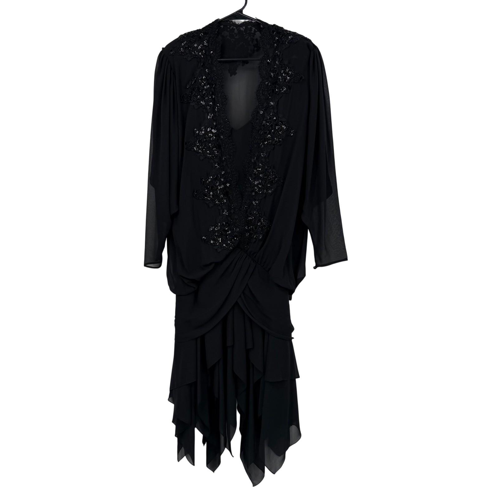 Vintage Casadei Evening Dress Size 14 Black Sequin Lace Chiffon Whimsygoth 80’s