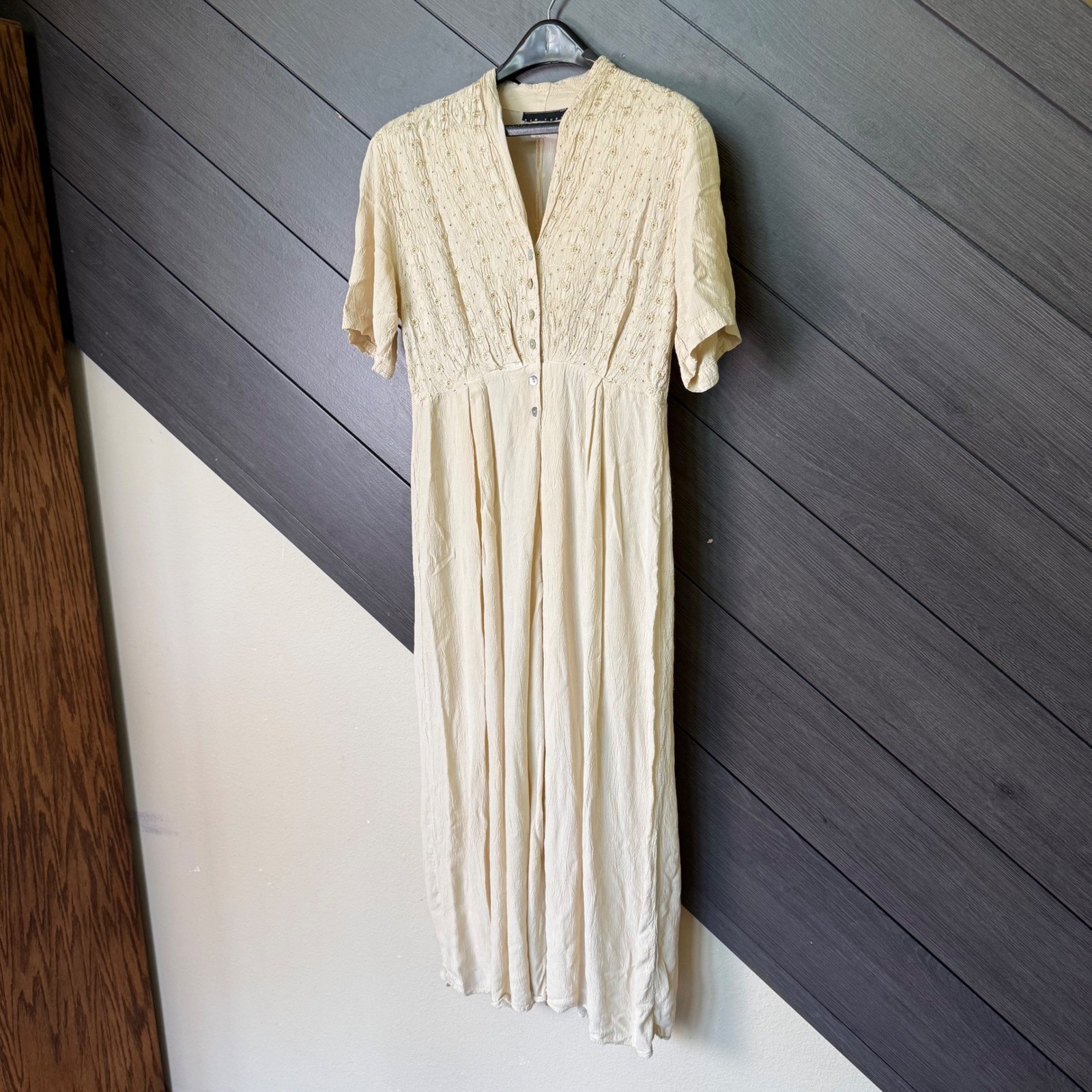 New York Studio Vintage 90s Embroidered Rayon Jumpsuit Tan Med Cottagecore