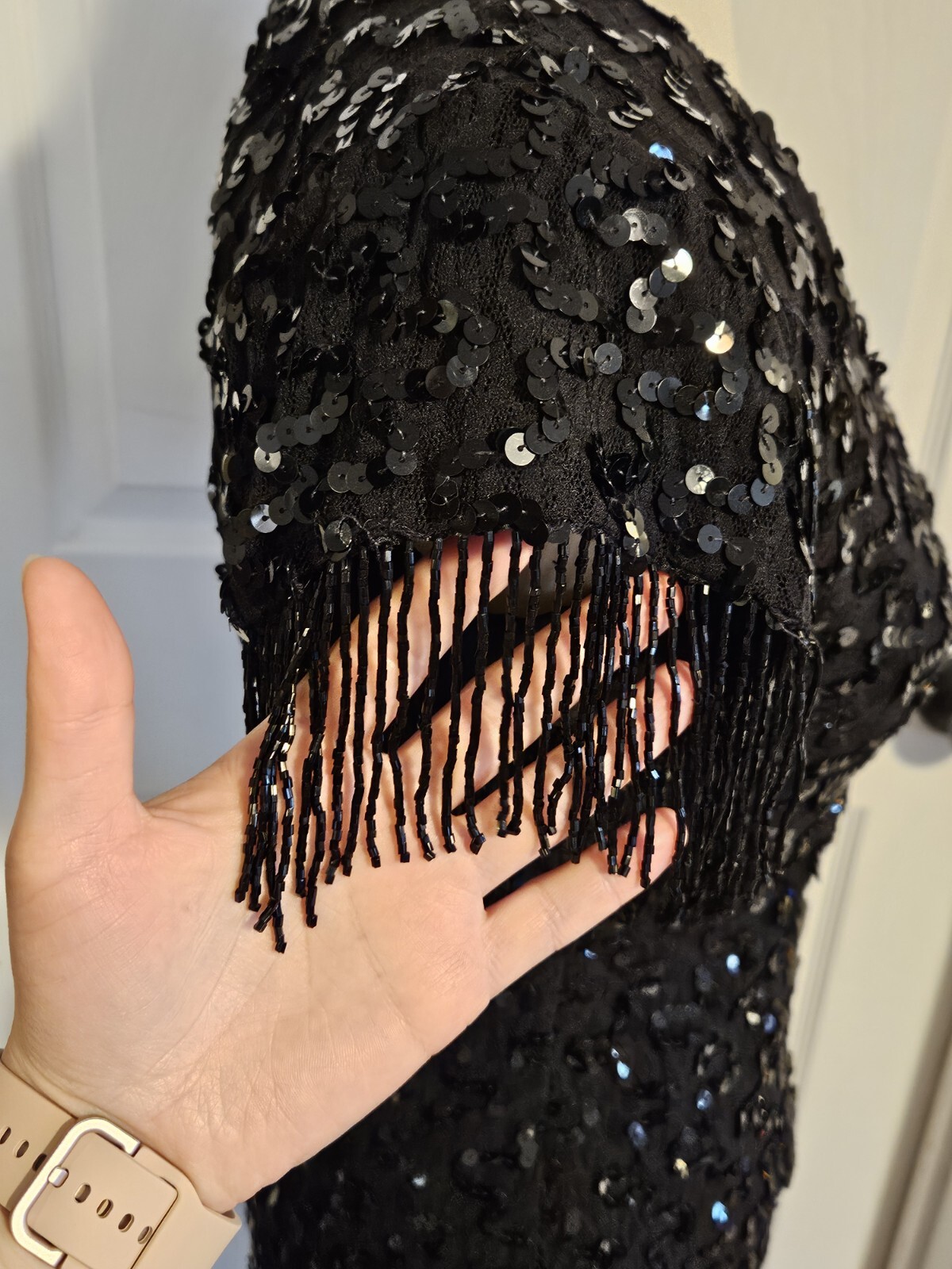 De Laru Vintage 80s Black Sequin Bead Fringe Party Prom Cocktail Dress Size 3/4