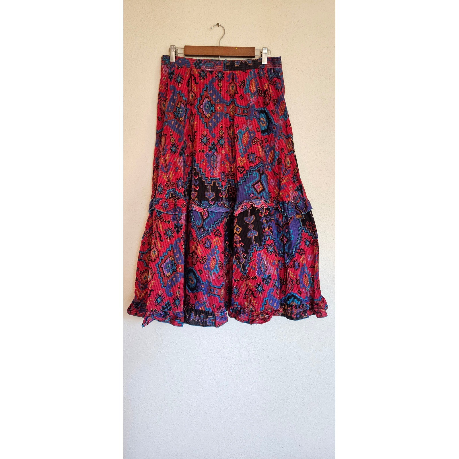 Applause III Marge Kane Vintage Red Tribal Print Tiered Ruffle Midi Skirt sz 12