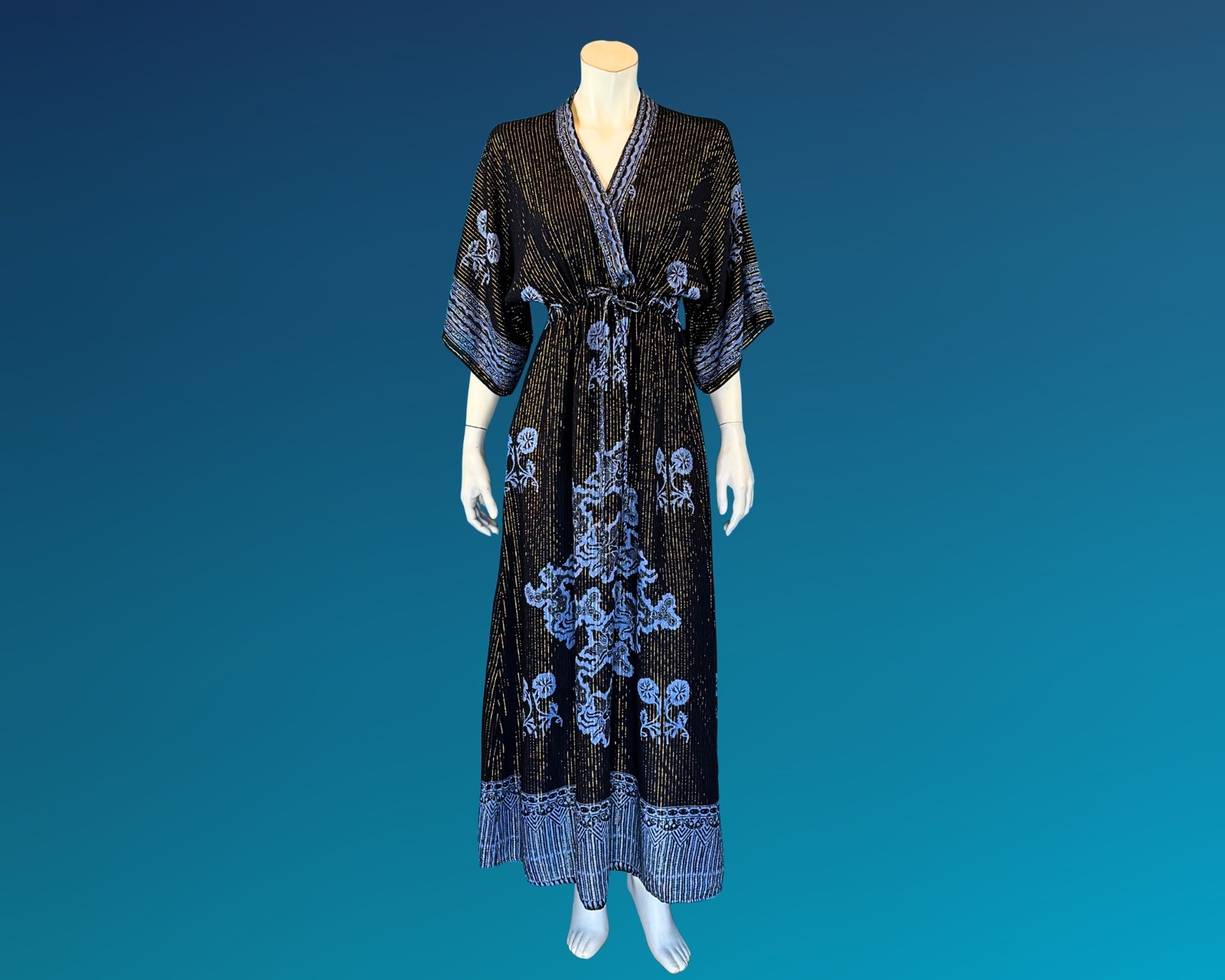 90s Gold Metallic Stripe Black and Blue Rayon Kaftan Dress | S M