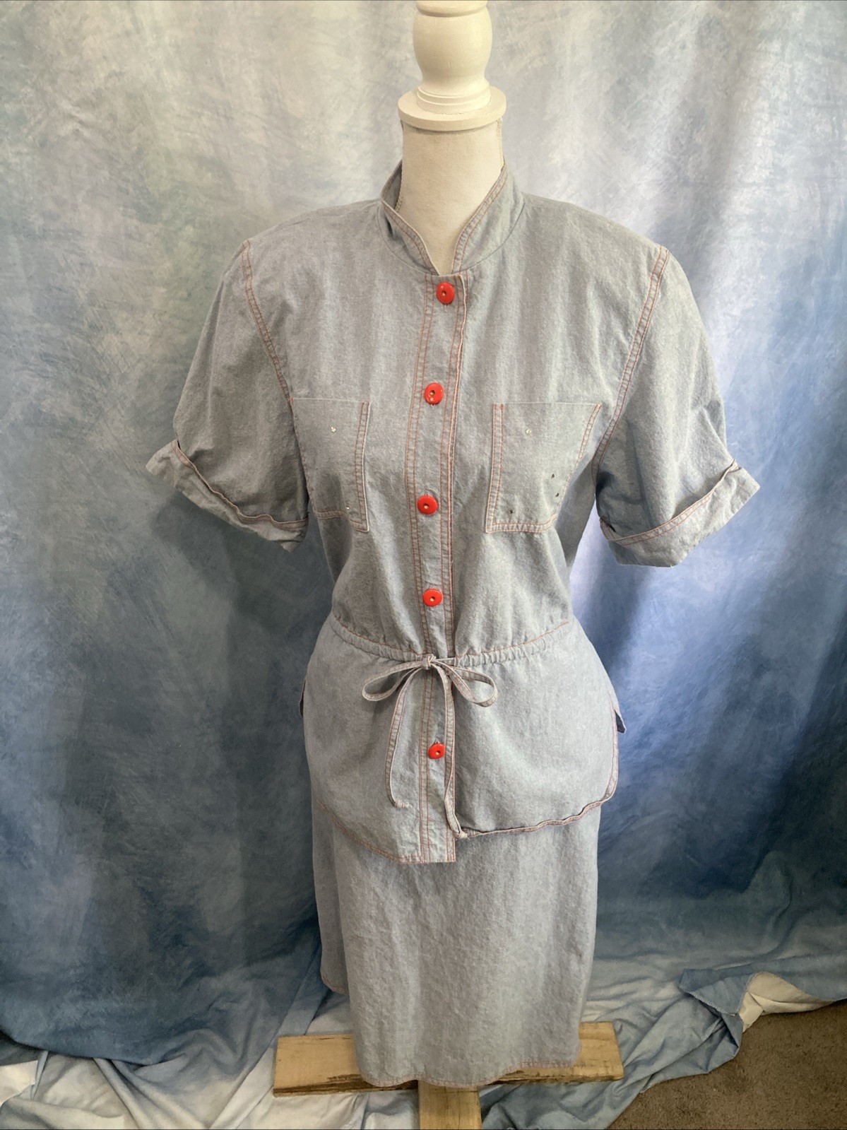 Vtg 80s Utility Blouse Midi Skirt Set Red Contrast Chambray Safari Separates 10