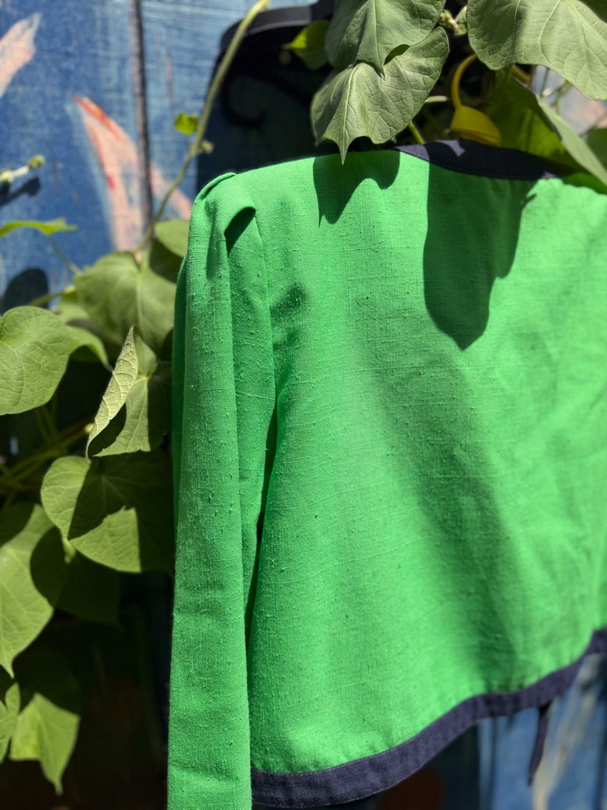 Vtg 80s Cropped Colorblock Blazer Jacket Green Navy Blue Puff Shoulder Wrap S/M