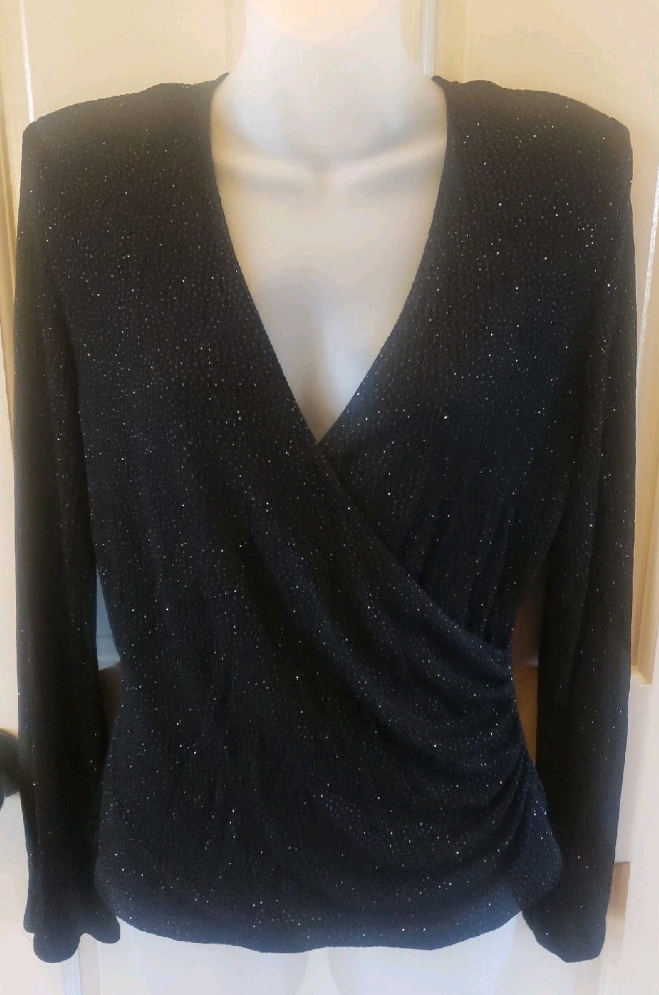 J.R. Nites by Caliendo Pullover Top Black Sparkle Stretch V Neck Vintage SEE
