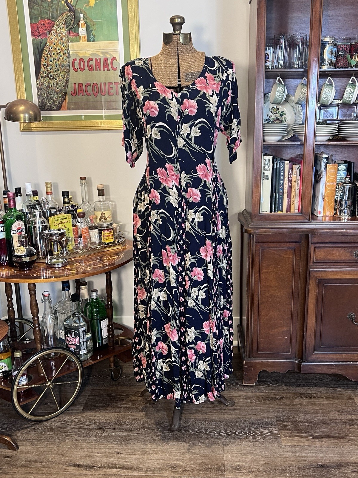 Vintage 80s Starina Navy and Pink Floral Maxi Godet Dress