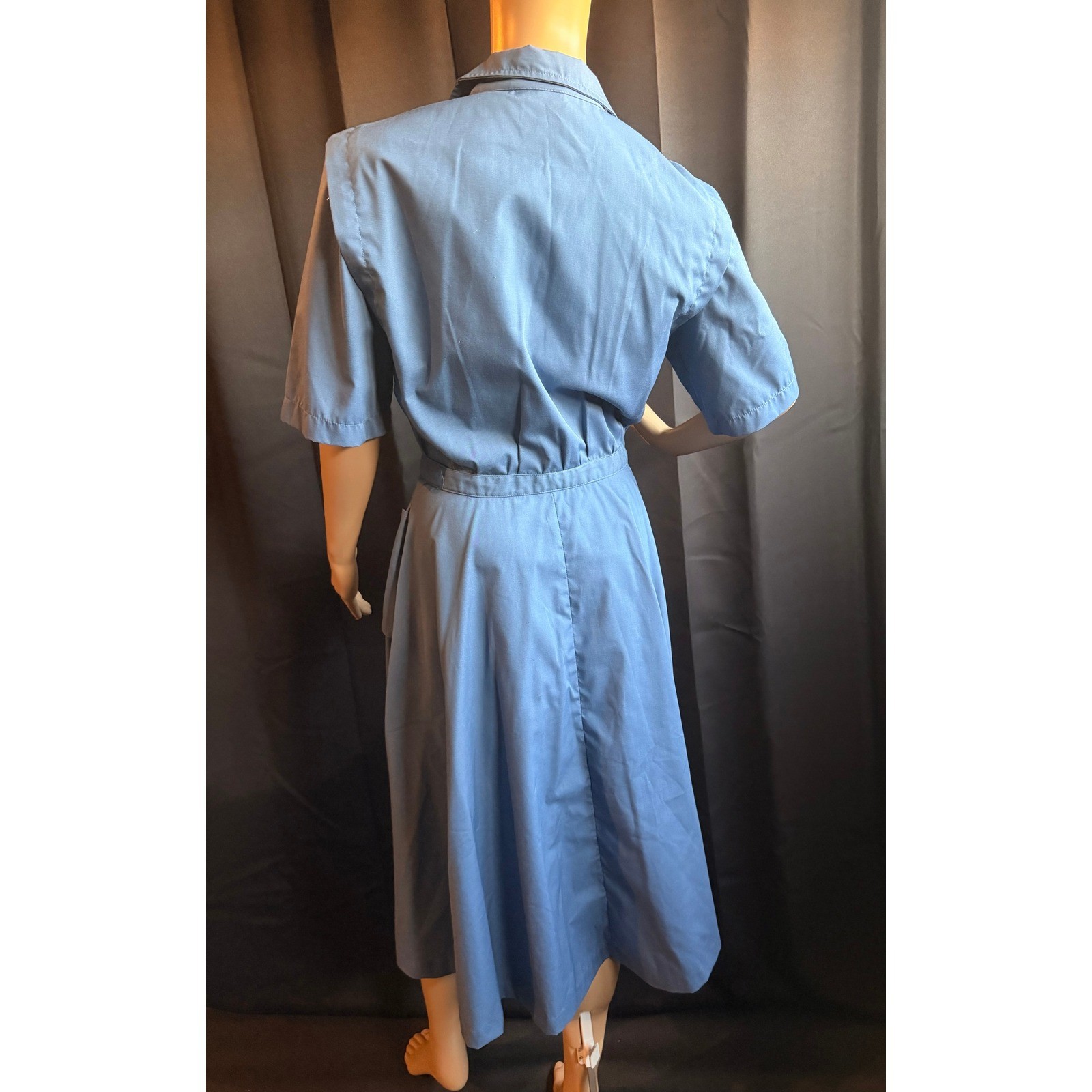 Vintage Blue Zip Front Midi Dress Short Sleeve Utility Workwear Pockets Retro