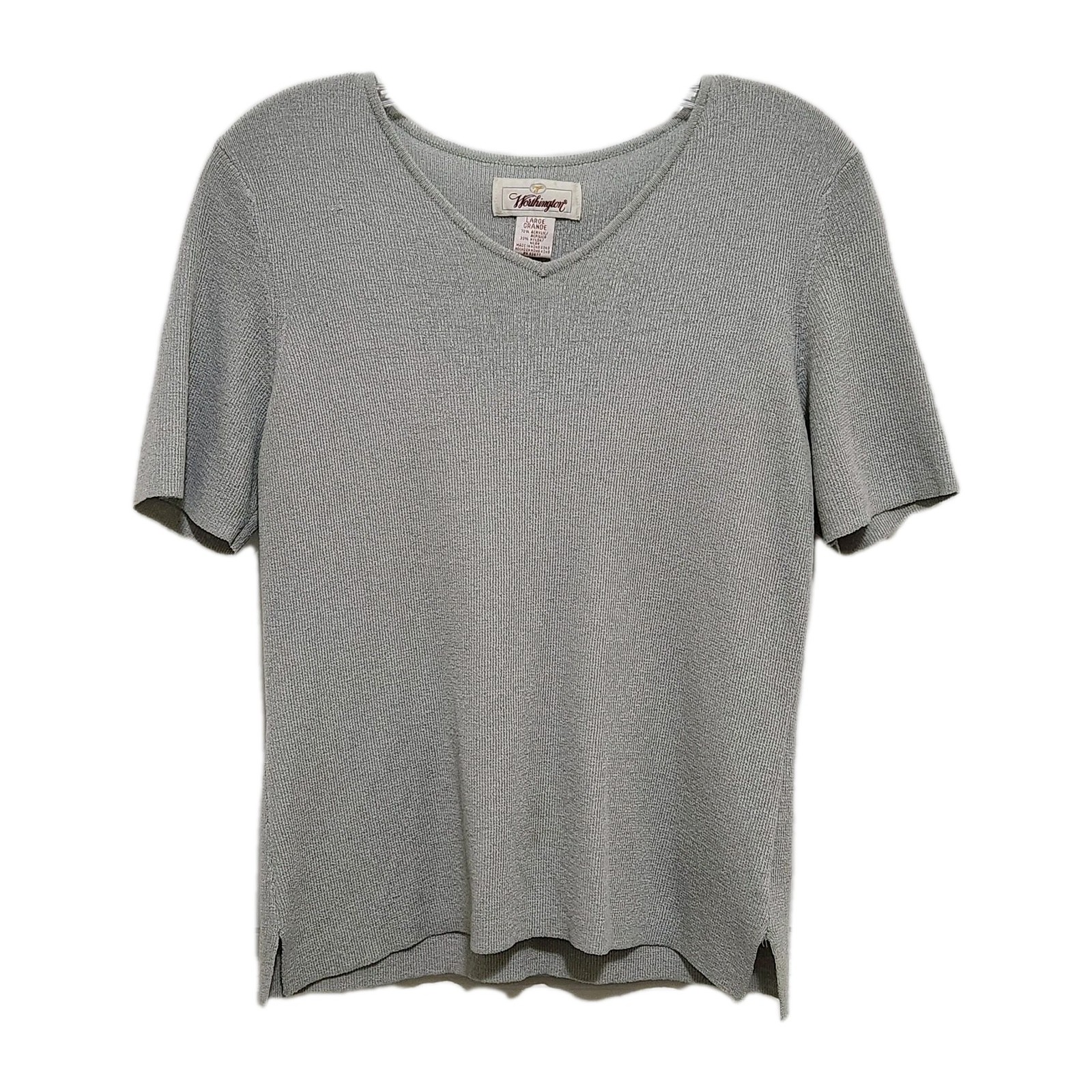 Vtg 80s Worthington Women’s L Gray Knit Short Sleeve Sweater V-neck Runs Small