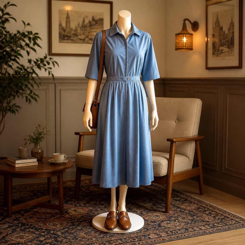 Vintage Blue Zip Front Midi Dress Short Sleeve Utility Workwear Pockets Retro
