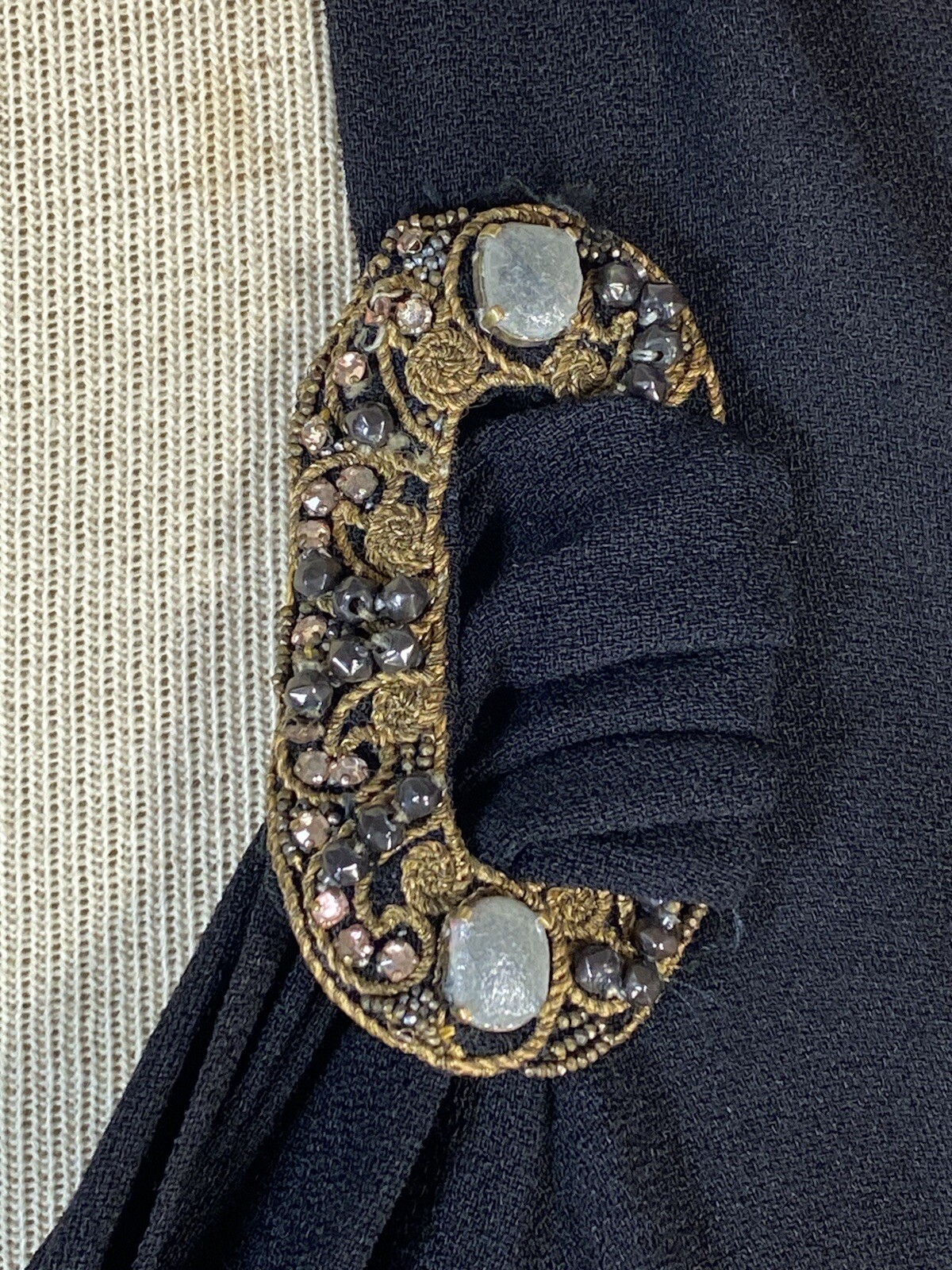 Vintage 1940’s black wool crepe dress with neckline tie & beading embellishment