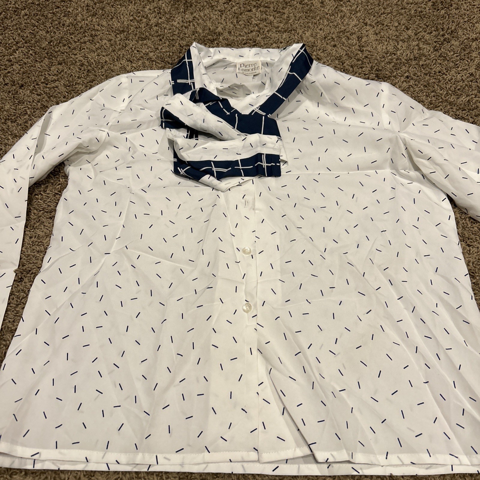 VTG Pierre Lamonte 80’s-90’s Blouse Blue & White Button Up Size L B31