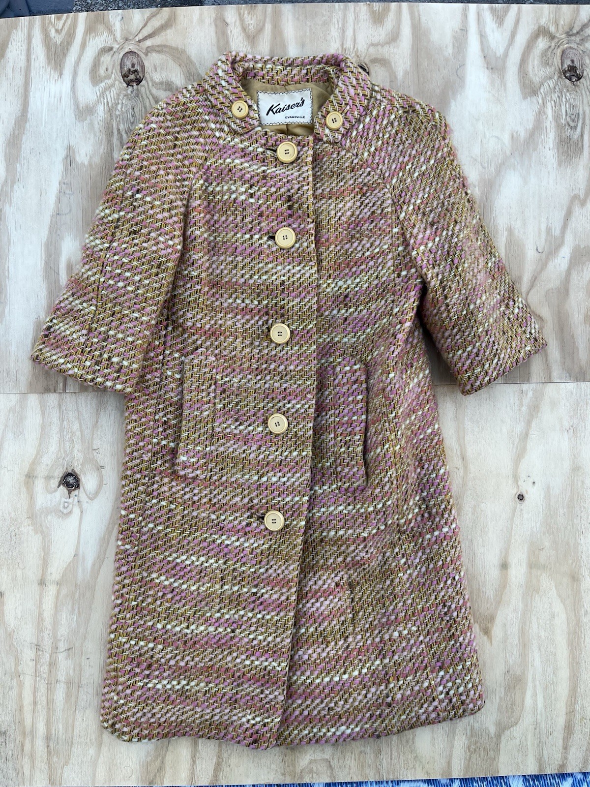 Vintage 50s 60s Pink Peach Tweed Knit Jablow Swing Coat Jacket Atomic Overcoat S