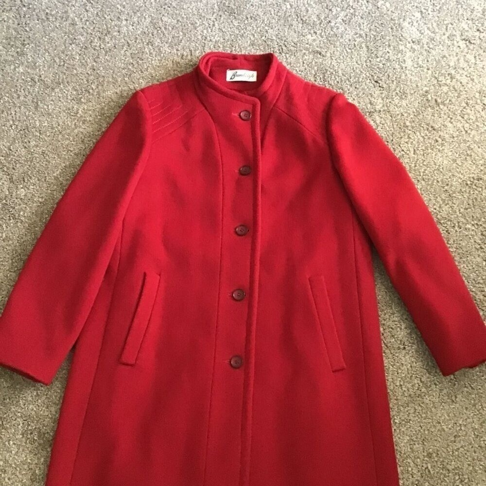 Bromleigh Vintage Red Wool Coat Stand Collar Button Front Satin Lined Women