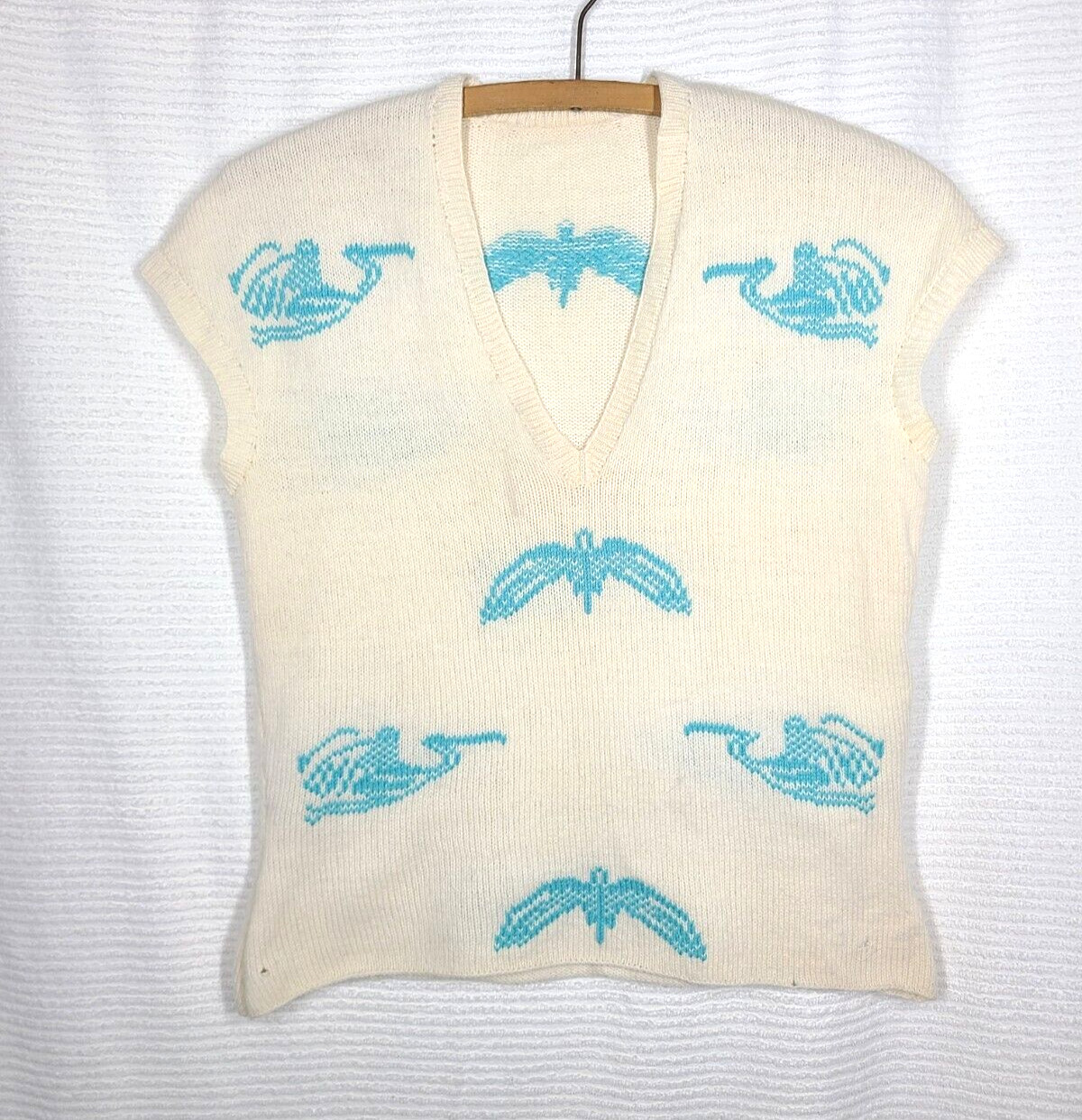 Vtg 50s Wool Hand Knit Top Intarsia Birds Stork Ivory Blue S M Retro Pinup Ooak