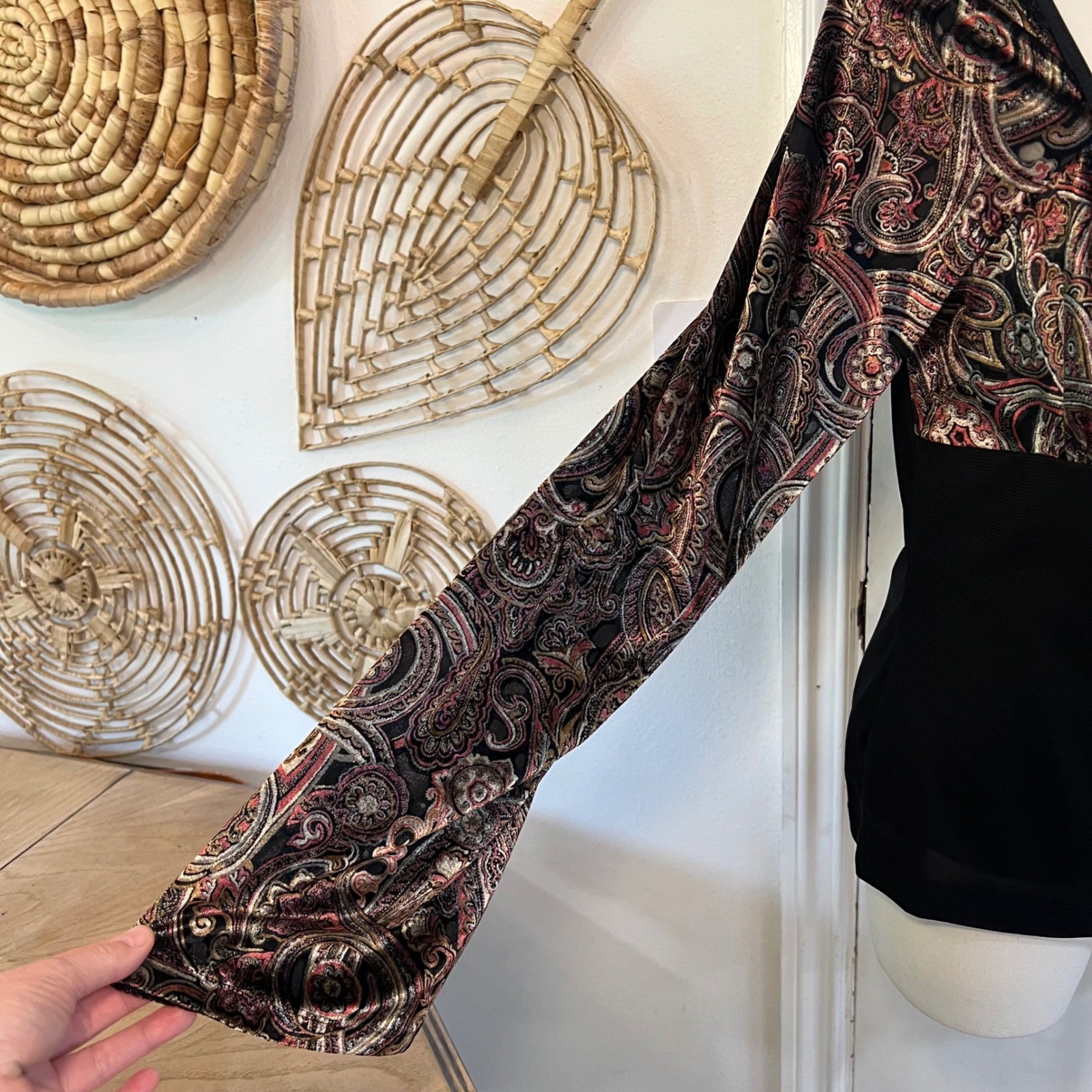 Vintage Eyeshadow Black Paisley Empire Waist Rayon Bell Sleeve Boho Top XL