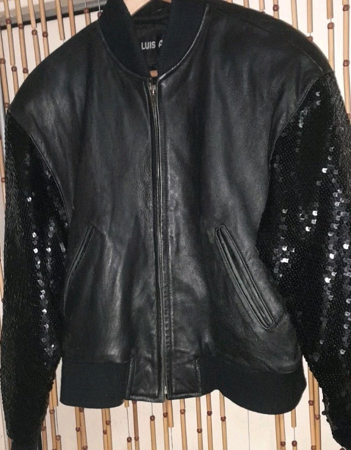 Vtg Luis Alvear Black Leather Sequin 1980s 90s Hip Hop Bomber Jacket Glam Rock L
