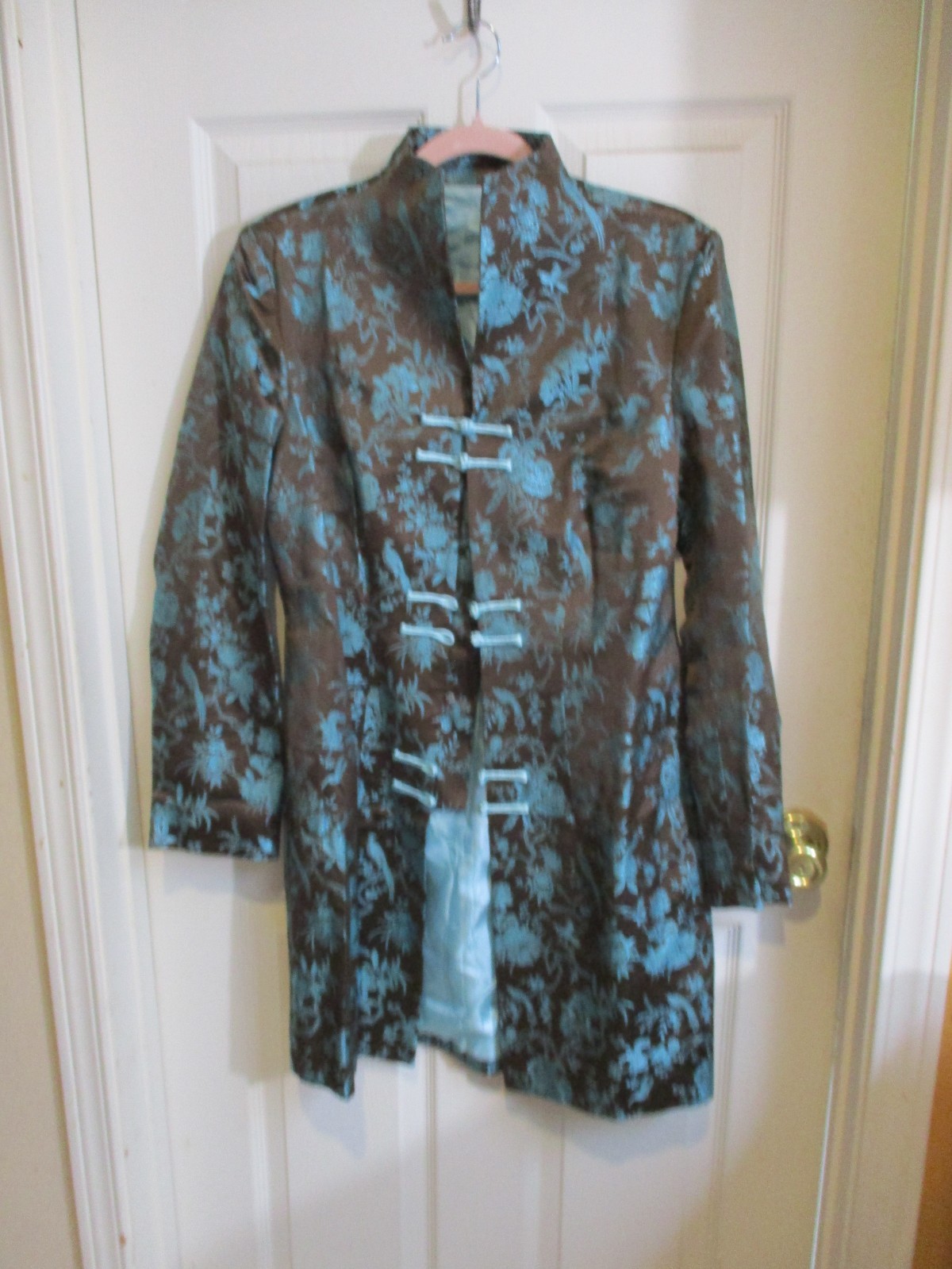 Vintage Asian Embroidered Silk /Rayon Coat/Jacket – Turquoise- Brown -S- M (38)