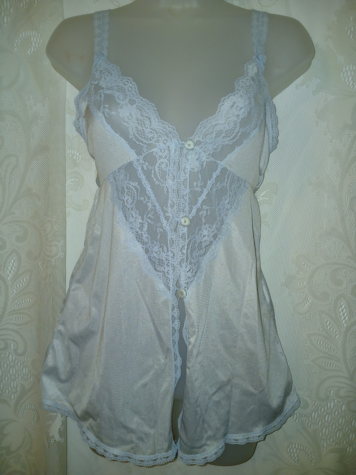 Vintage 70s Blue Sheer Chiffon Nylon Lace Nighty Peignoir Robe Lingerie Set XS