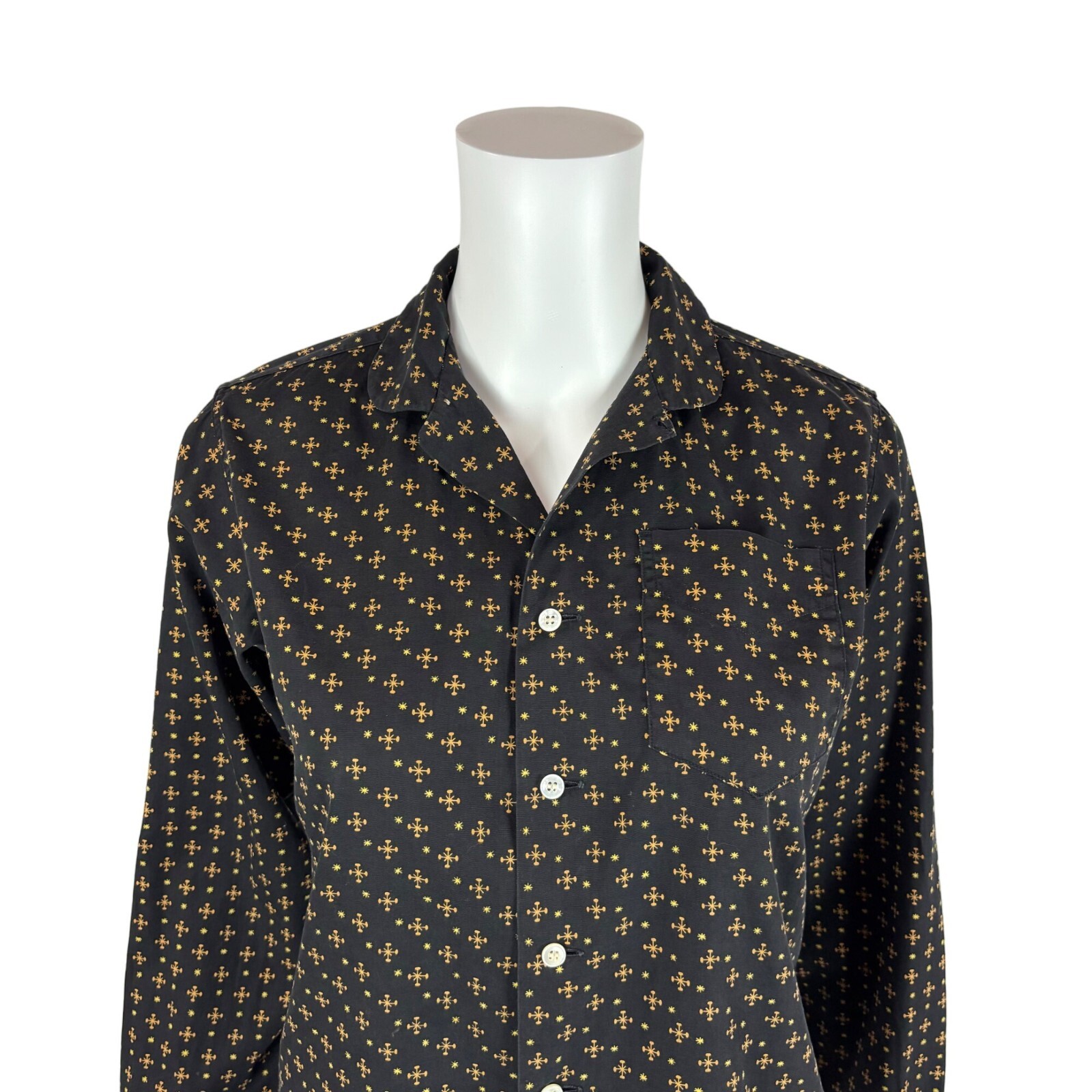 Vintage 50s Novelty Blouse Women’s Small Starburst Stars Print Black Yellow Top