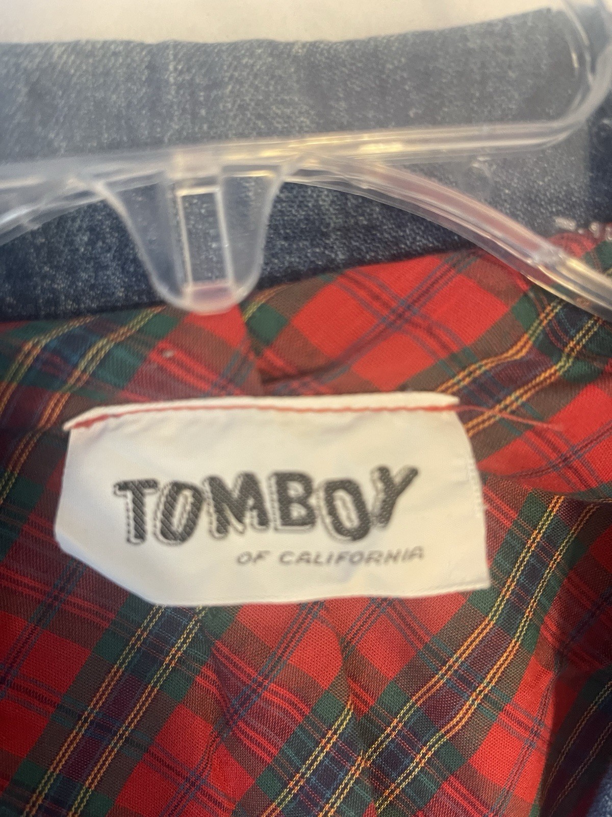 Vintage 70’s Tom Boy of California Blue Denim Red Plaid S Blazer Size Retro