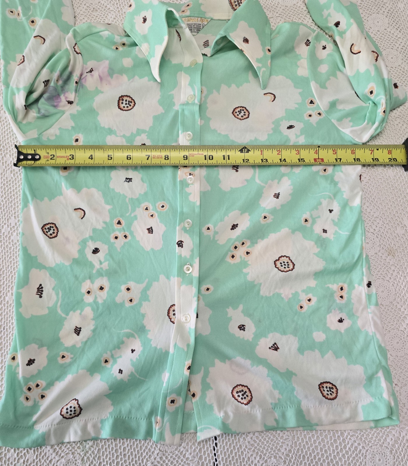 70s Mint Green Floral Disco Shirt Dagger Collar Fits Modern XS/S (Tagged L)