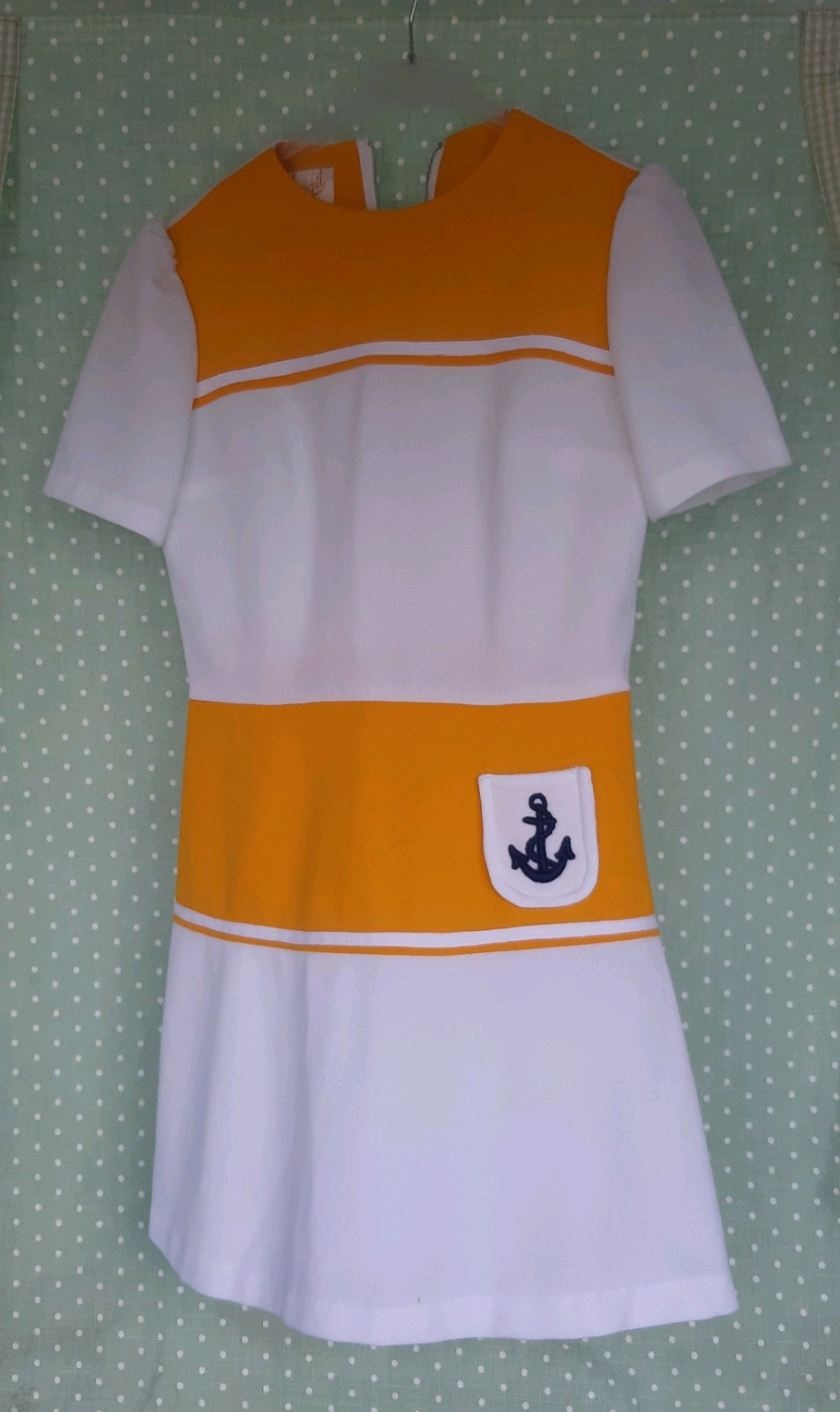 Vintage 1960s Leygil Mod Mini Dress Crimplene Orange White Nautical Anchor UK .