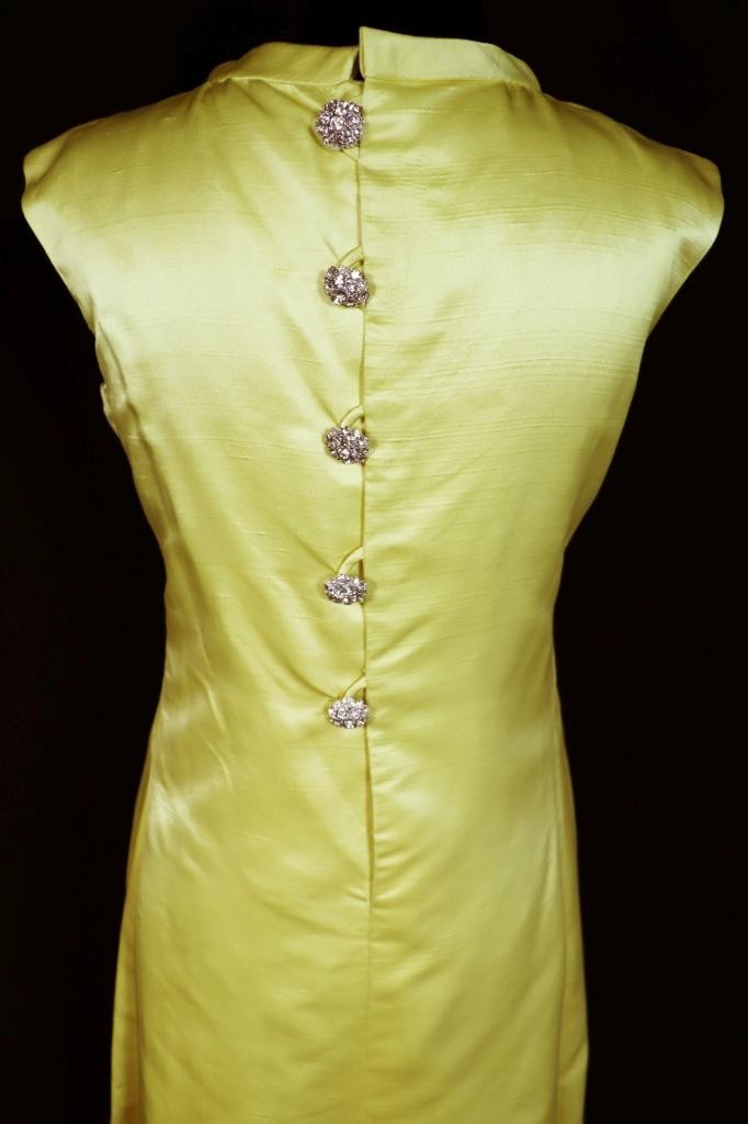 Designer Vintage 1970’s-1980’s Long Thick Lemon Green Silk Satin Gown Size 6