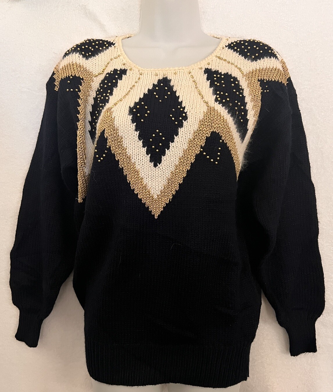 Dana Scott Womens M Vintage Sweater Black & Cream Gold Beads Party Holiday