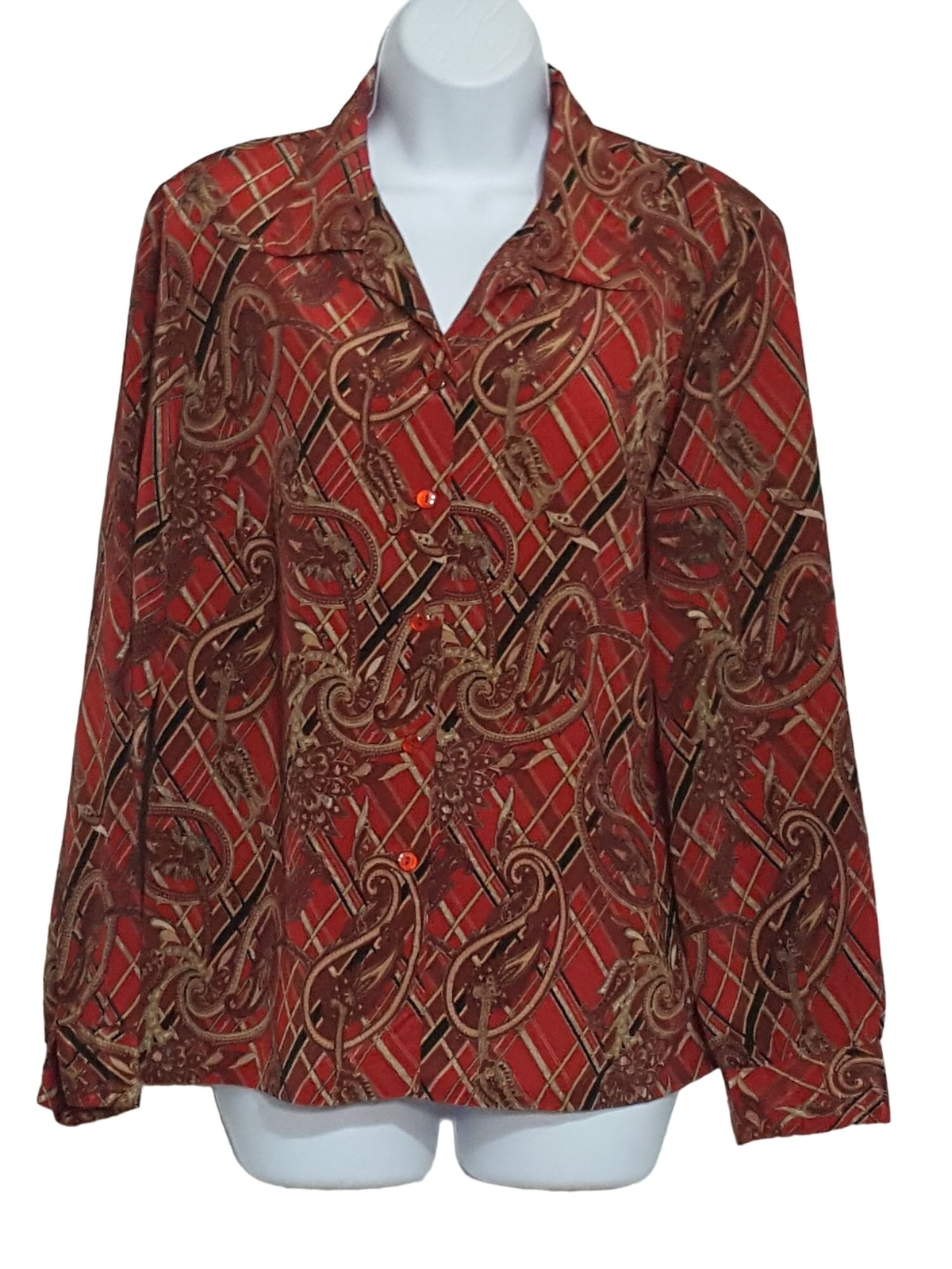Vintage 80s Secretary Blouse M Red Shoulder Pad Button Up Long Sleeve Paisley