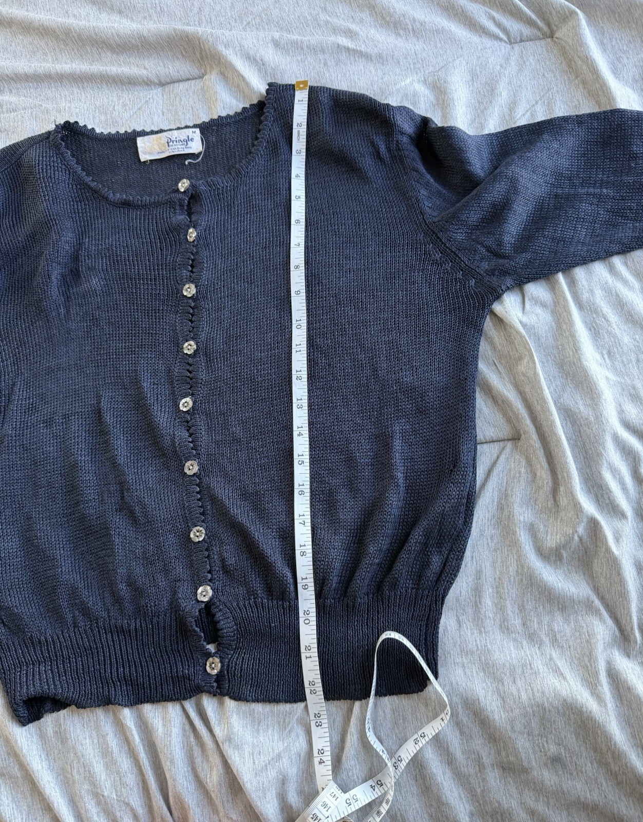 Pringle of Scotland 100% Linen Navy Sweater Cardigan M Open Knit Preppy Vintage