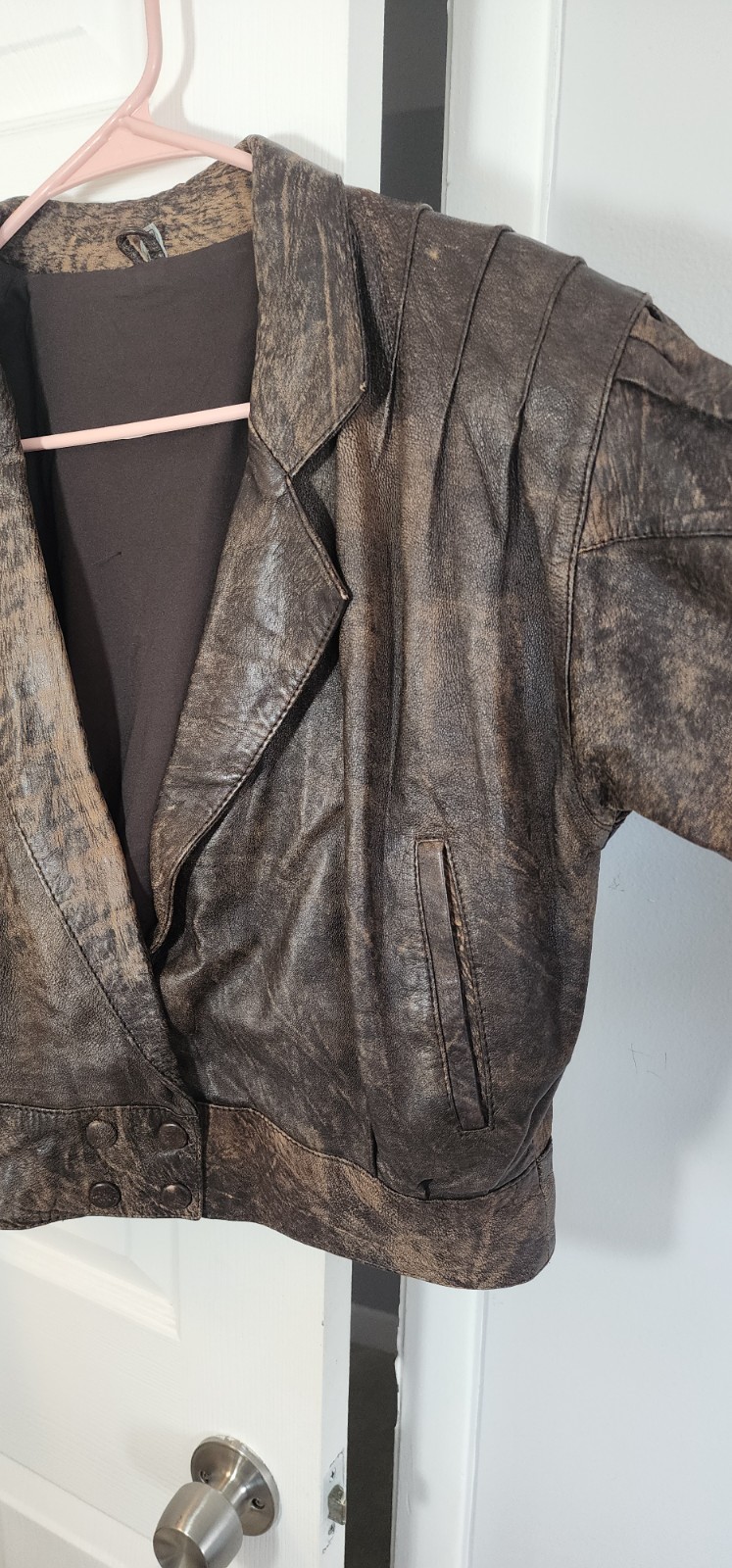 Yessica Leather bomber style jacket EU 40 US 8-10 brown distressed snap closure