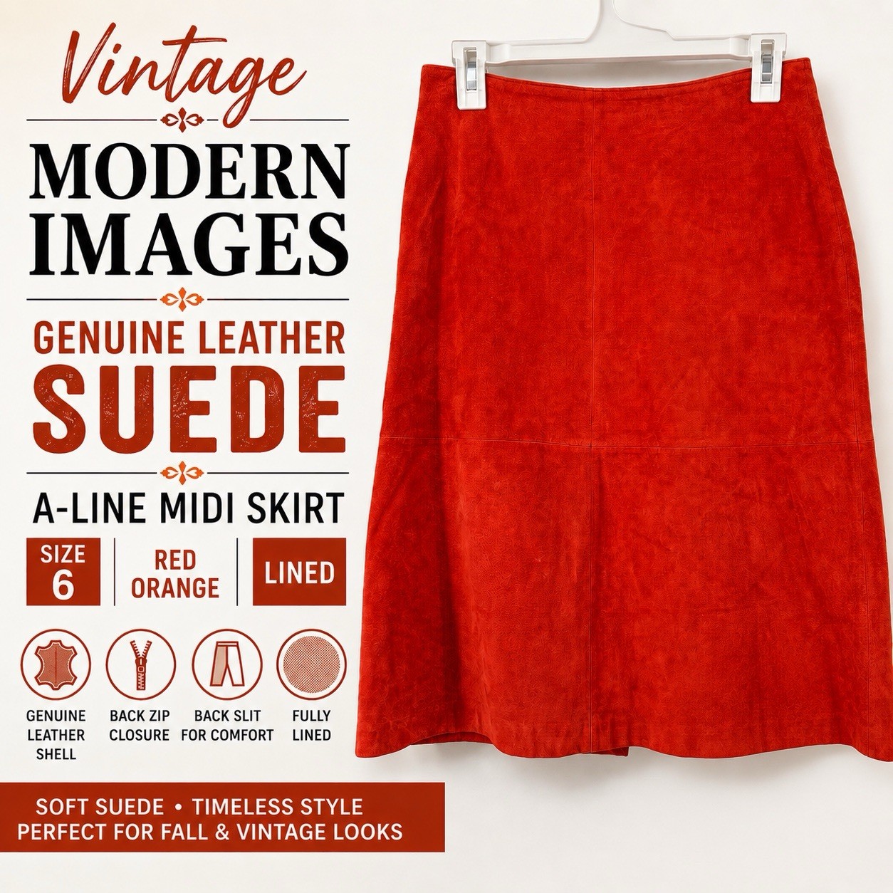 Vintage Modern Images Genuine Leather Suede A-Line Midi Skirt Red Orange Size 6