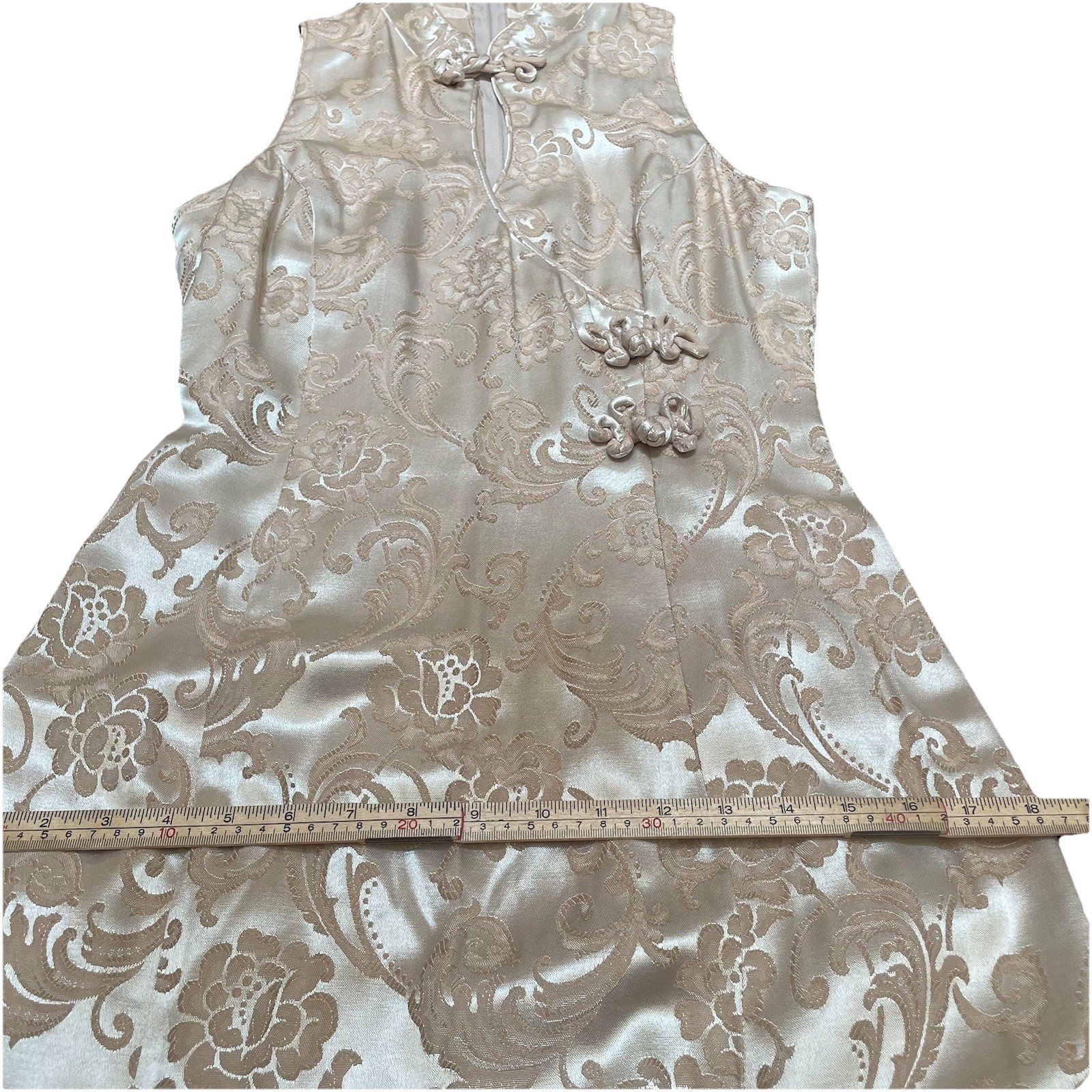 VTG 80s Niki Originals Brocade Cheongsam Maxi Gown Dress Gold Beige 14 Coquette
