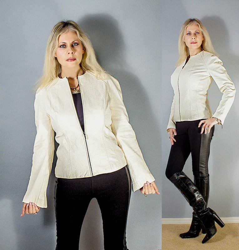 Vtg VAKKO Crocodile Genuine Supple LEATHER Motto Biker Zipper White Coat Jacket