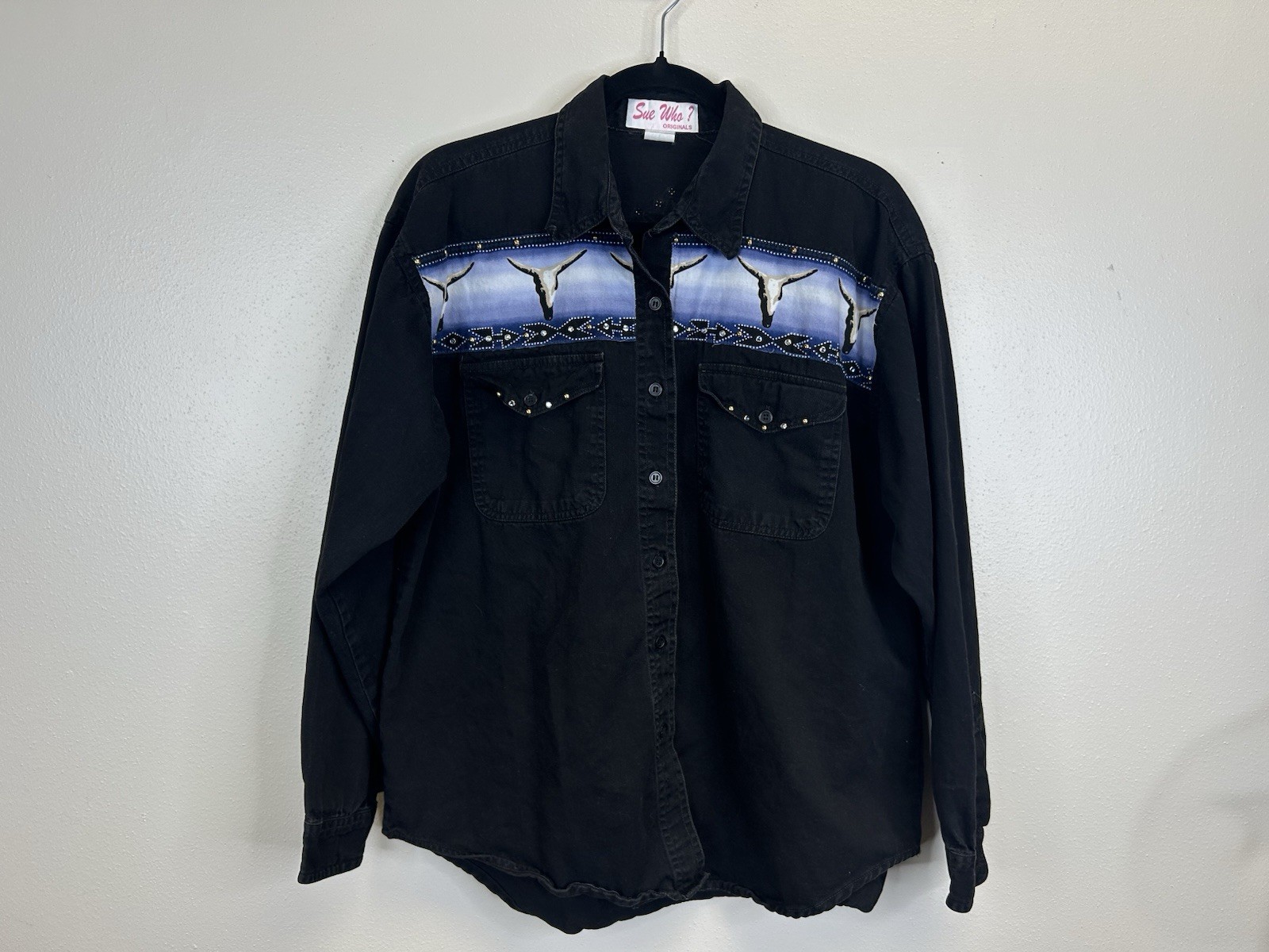 Vintage 90s Women’s L Black Blue Sue Who Western Rodeo Cowboy Cowgirl Shirt Top