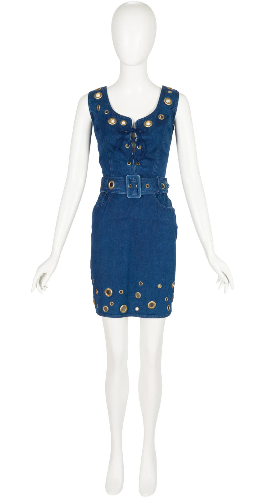 Moschino 1990s Blue Denim Grommet Lace-Up Vintage Sleeveless Dress