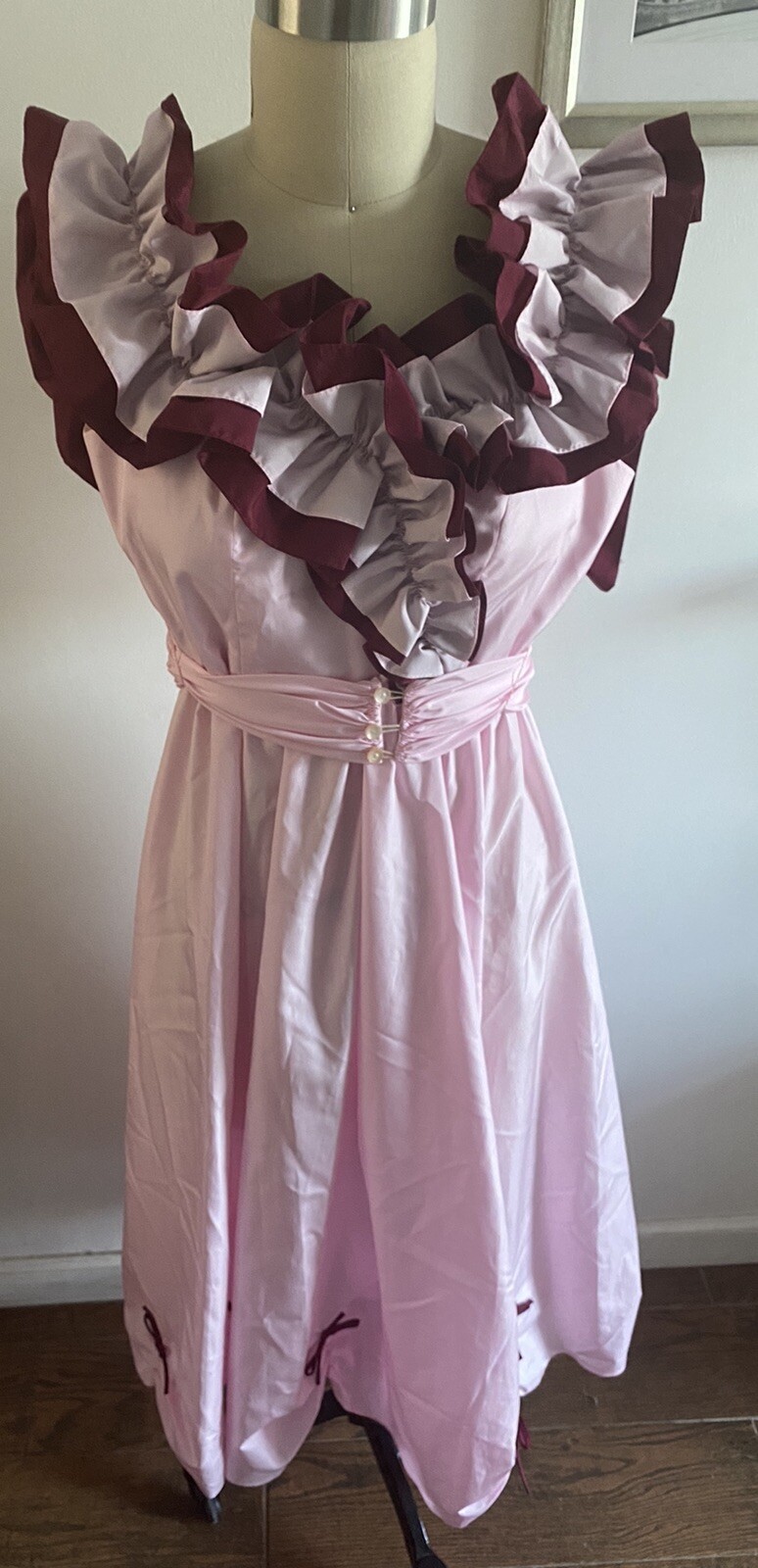 JC Penney Dress Light Pink, Deep Burgundy & Slip Southern Size 9/10 Ruffles Bows