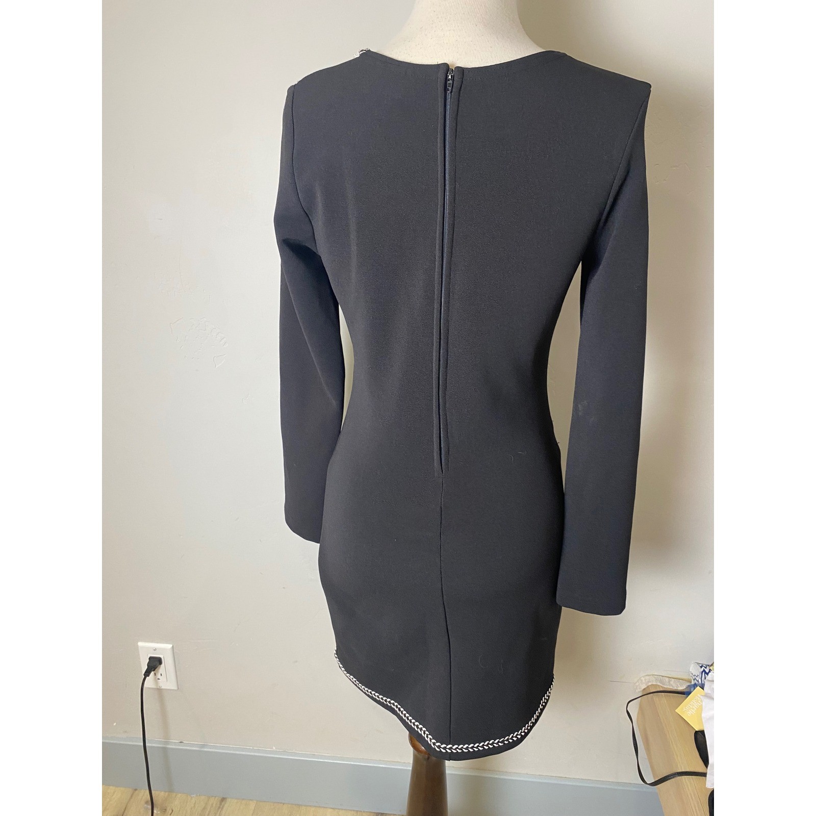 Vintage 90s Shes Black Long Sleeve Mini Dress Braided Trim Padded Shoulder Small