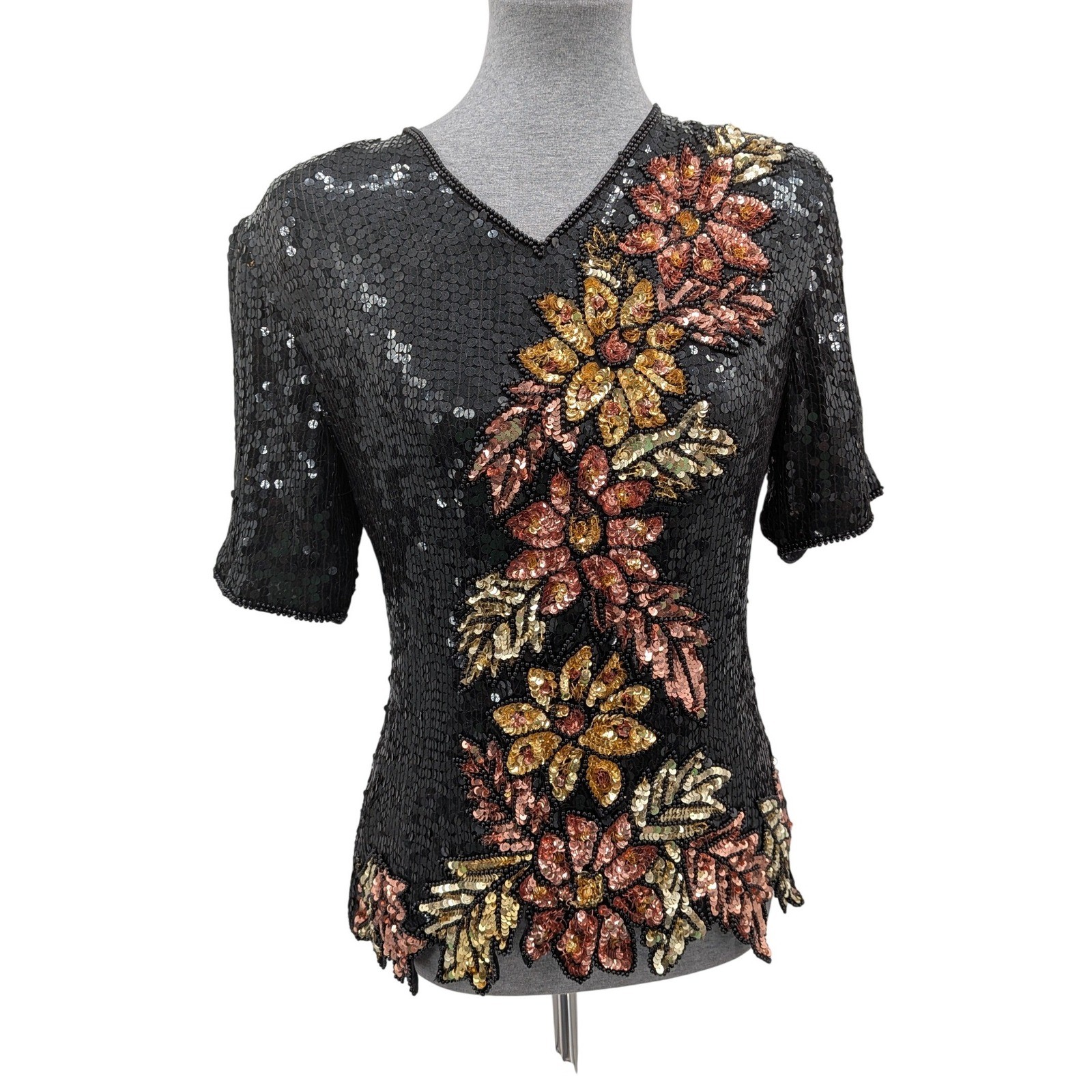 Glam Wedding Party Vintage Stemay Black Gold Sequin Floral Silk V-Neck S Top