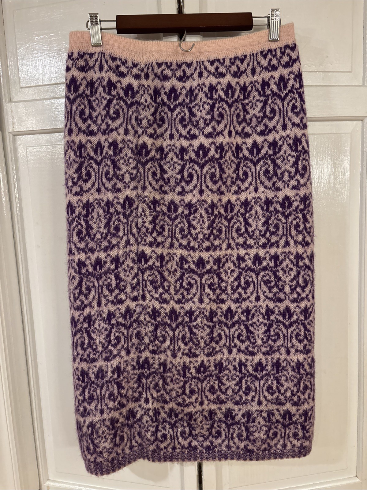 VTG Benetton Italian Purple Mohair Long Sweater Skirt Jacquard Print Size 44